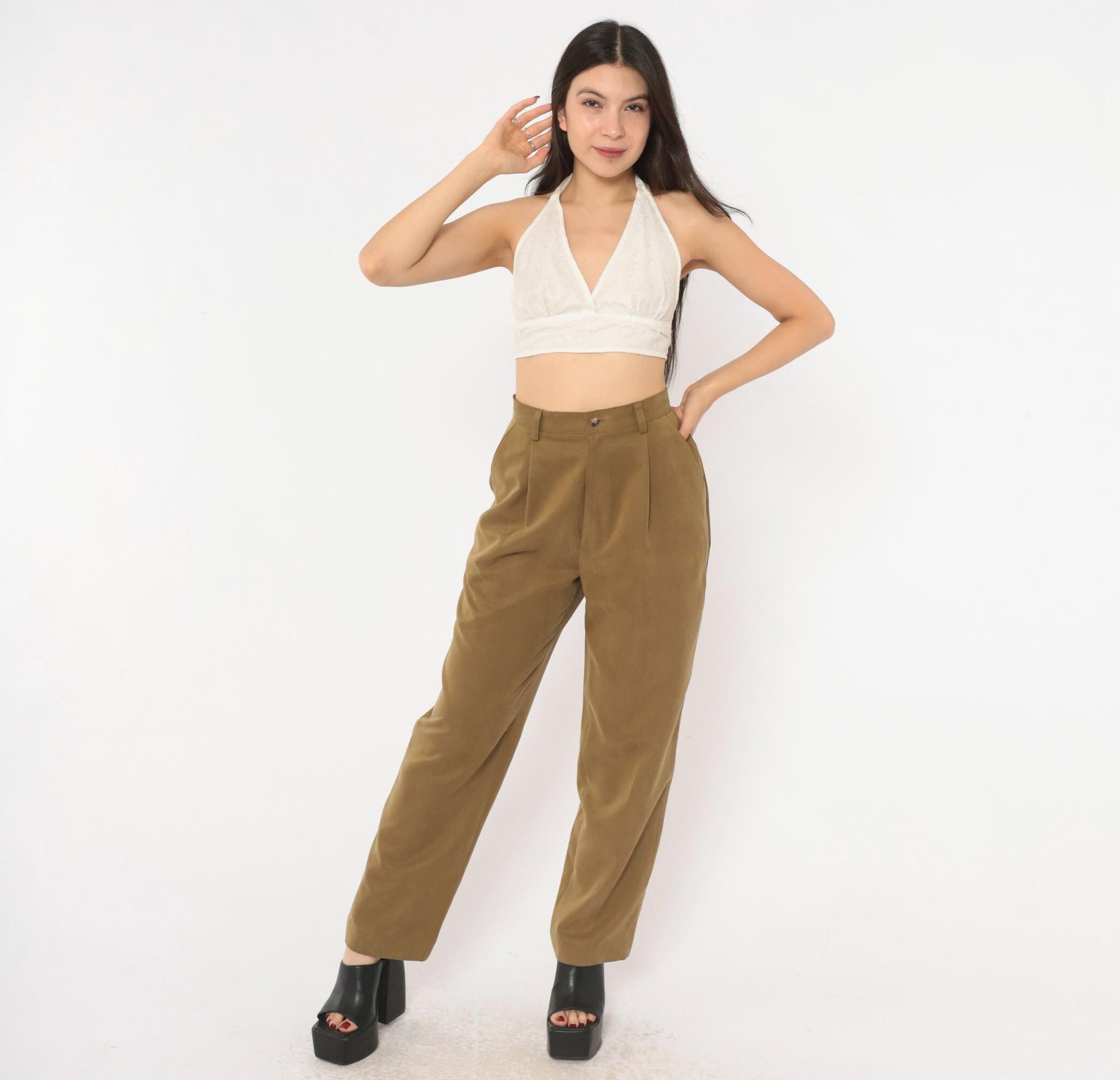 90s Pleated High-Waist Trousers Olive Tapered Leg Front Pleat Extra Small XS
