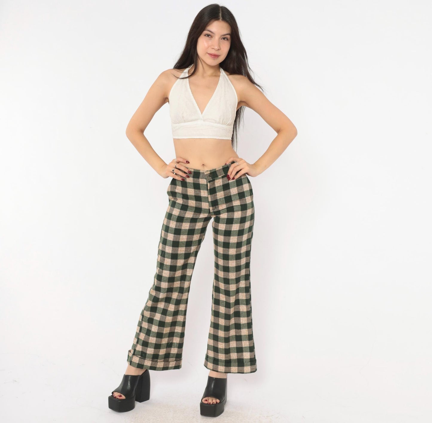 70s Tale Lord Green Tan Buffalo Check Flare Pants High Waist Extra Small XS