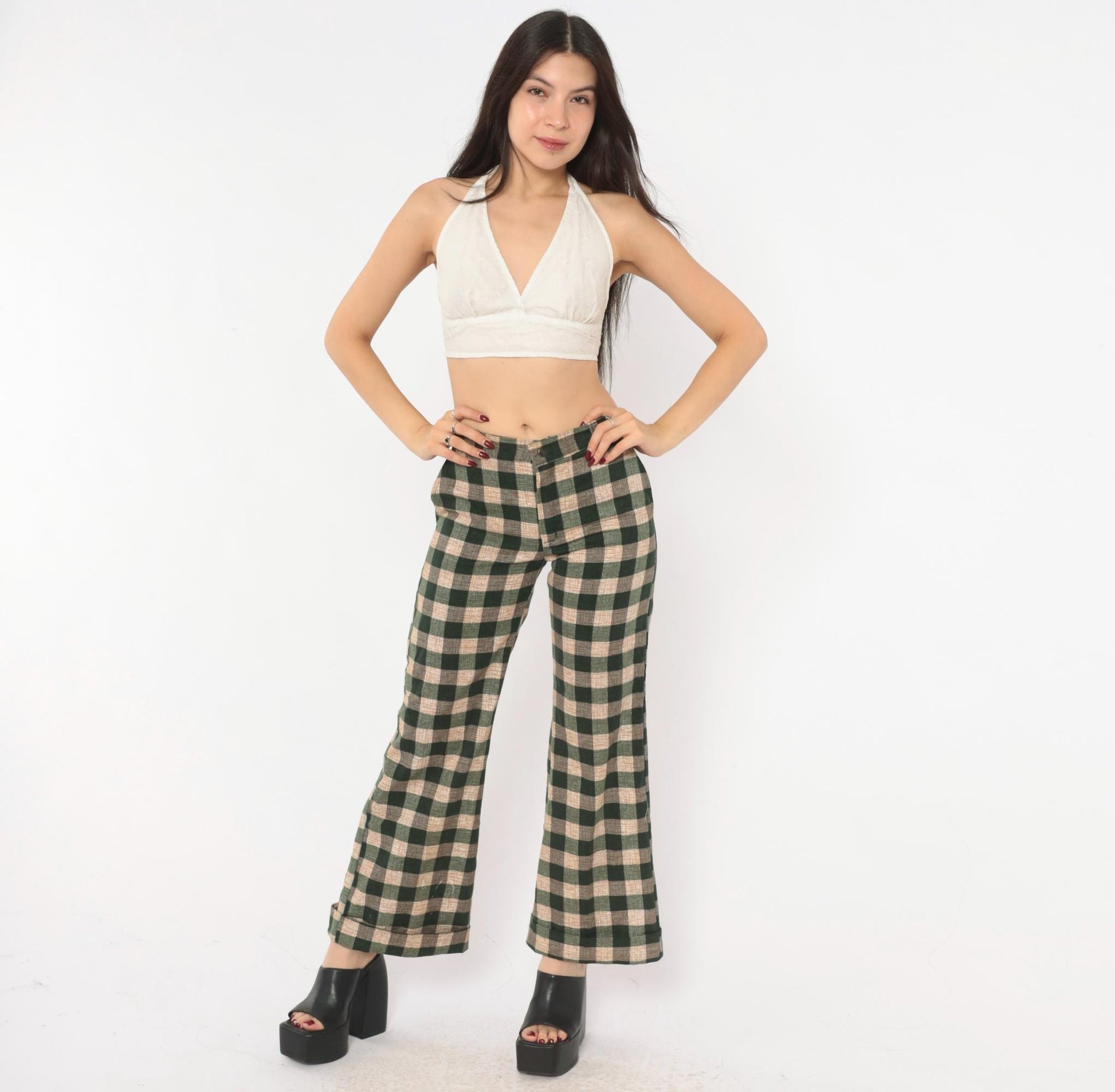 70s Tale Lord Green Tan Buffalo Check Flare Pants High Waist Extra Small XS