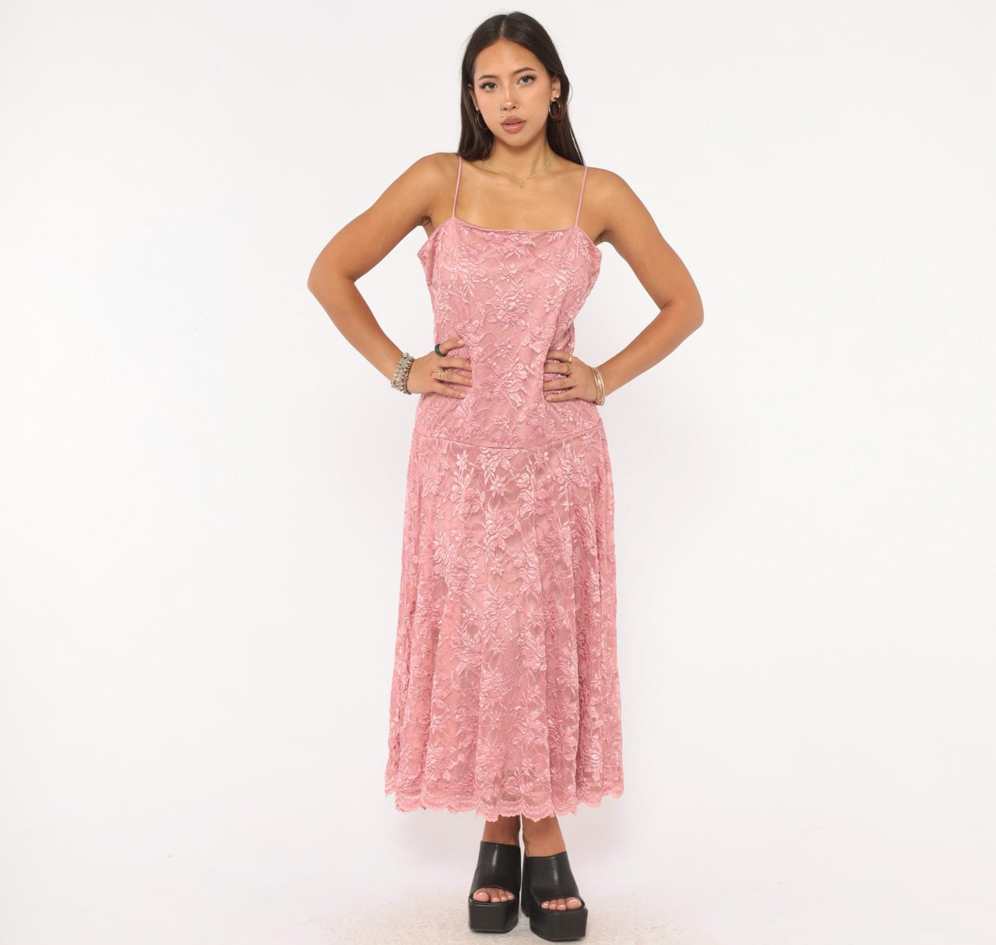 80s Pat Richards Pink Lace Maxi Dress Floral Embroidered Drop Waist Medium