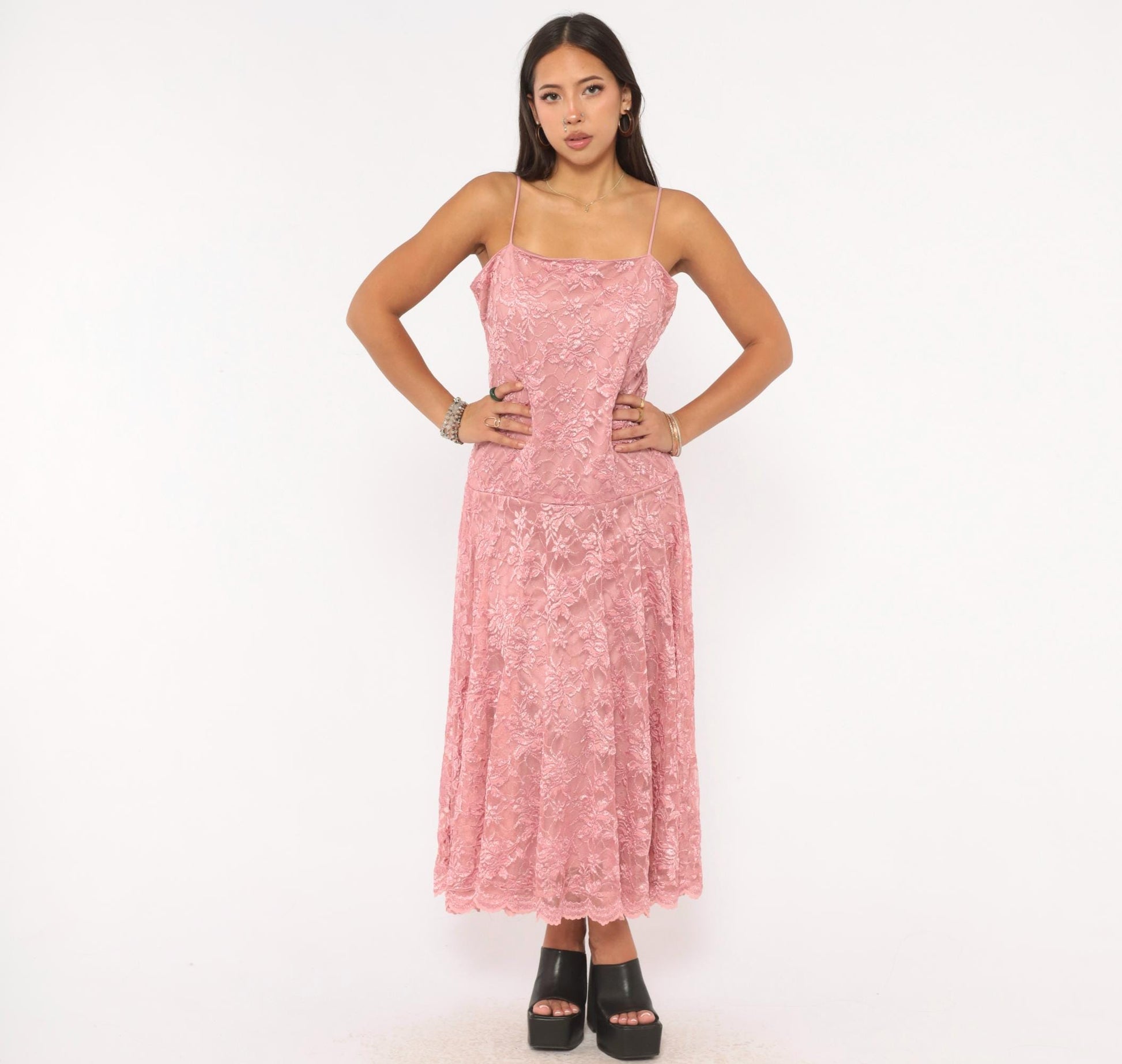 80s Pat Richards Pink Lace Maxi Dress Floral Embroidered Drop Waist Medium