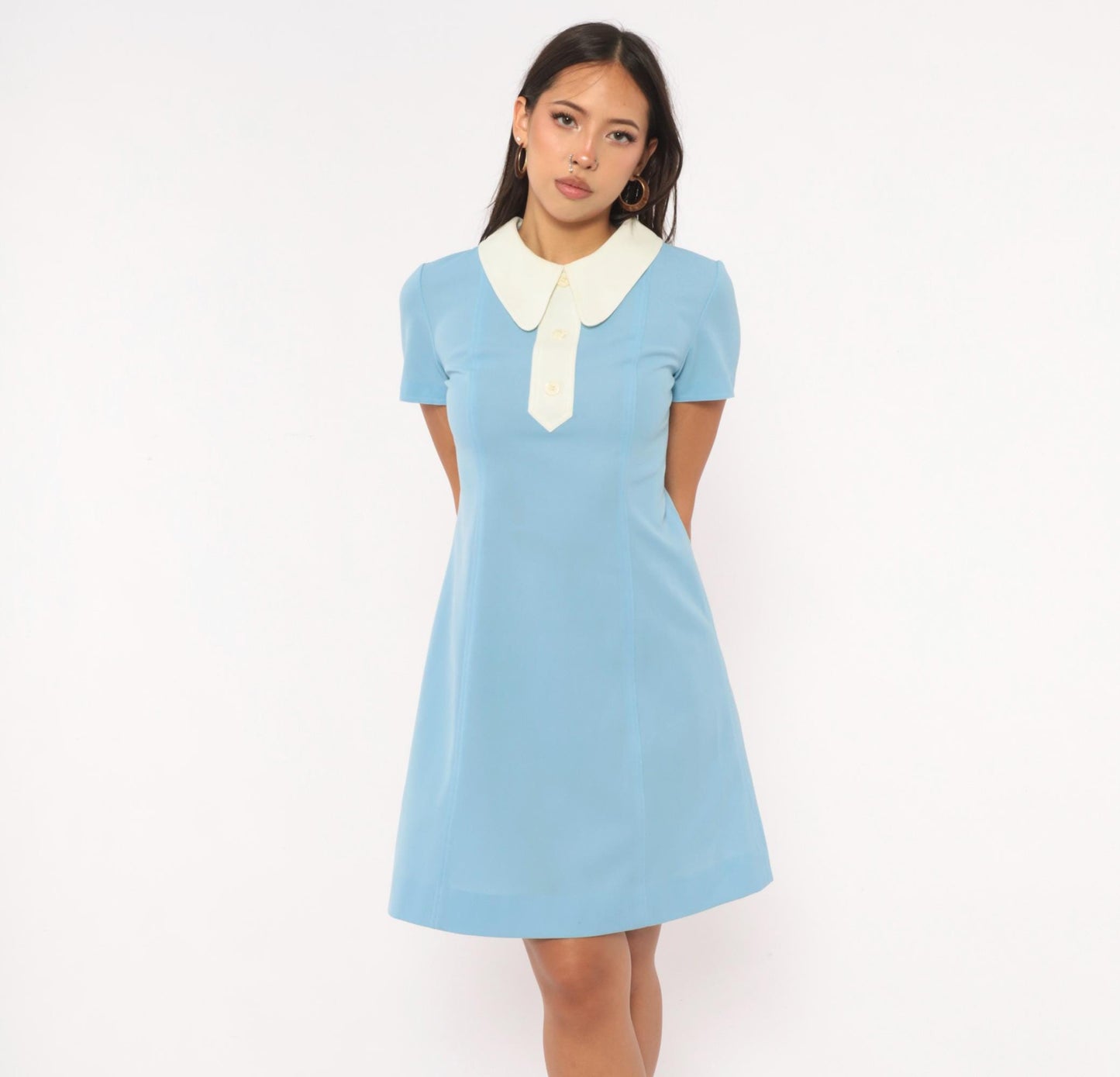 70s Unidress Sky Blue Peter Pan Collar Mini Shift Dress Small