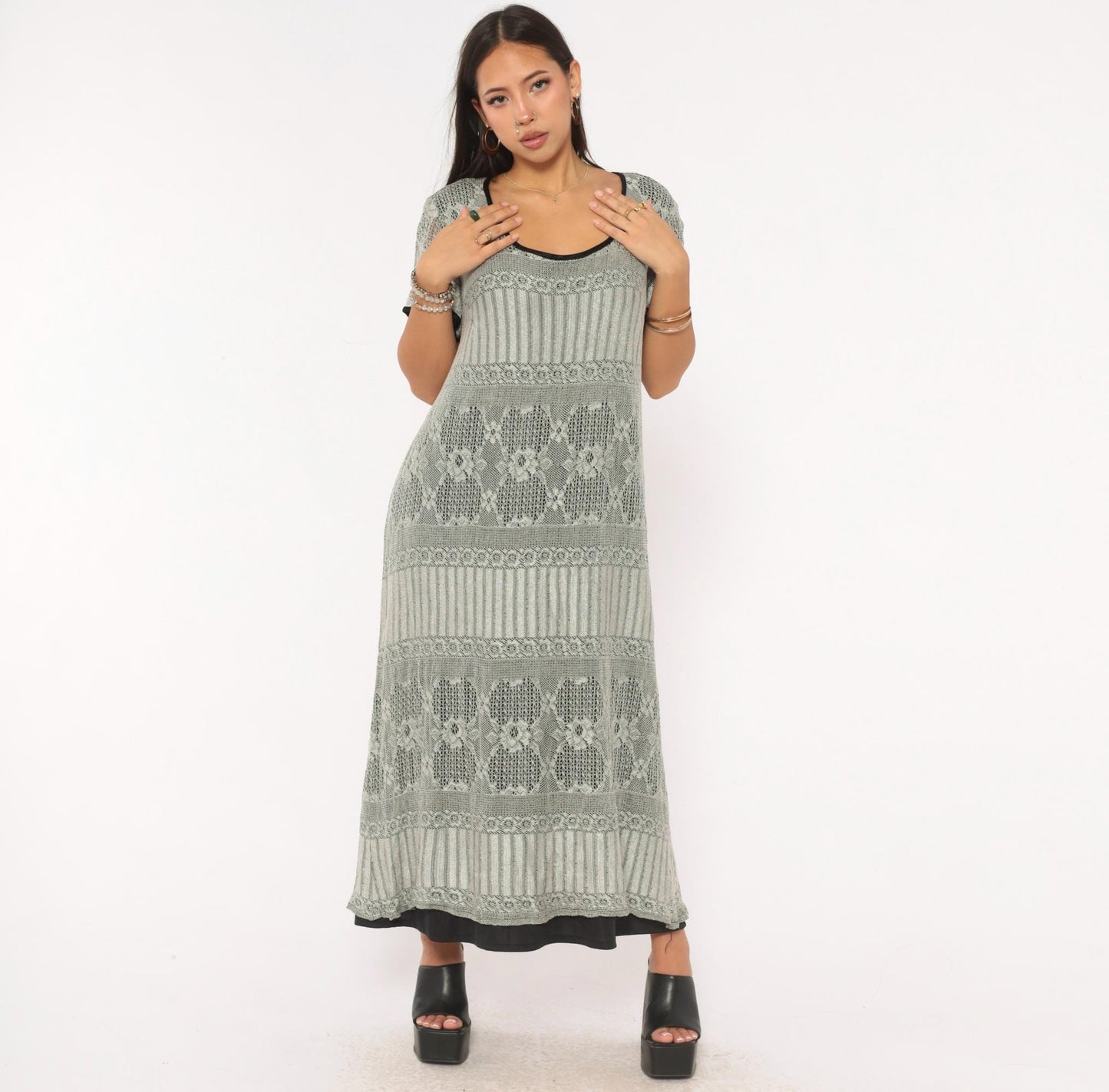 90s Grey Diamond Lace Knit Maxi Dress A-Line Short Sleeve Large L