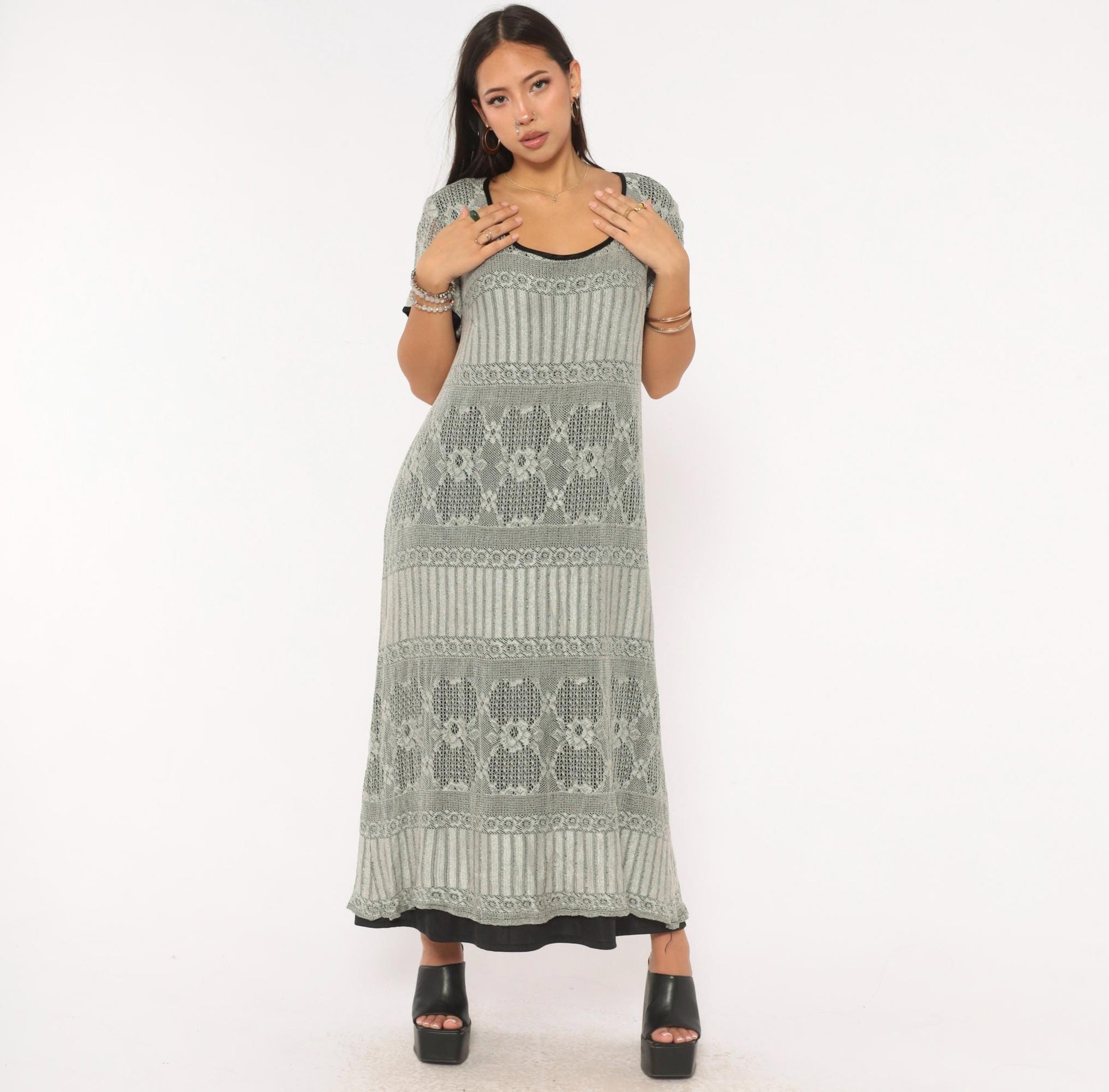 90s Grey Diamond Lace Knit Maxi Dress A-Line Short Sleeve Large L