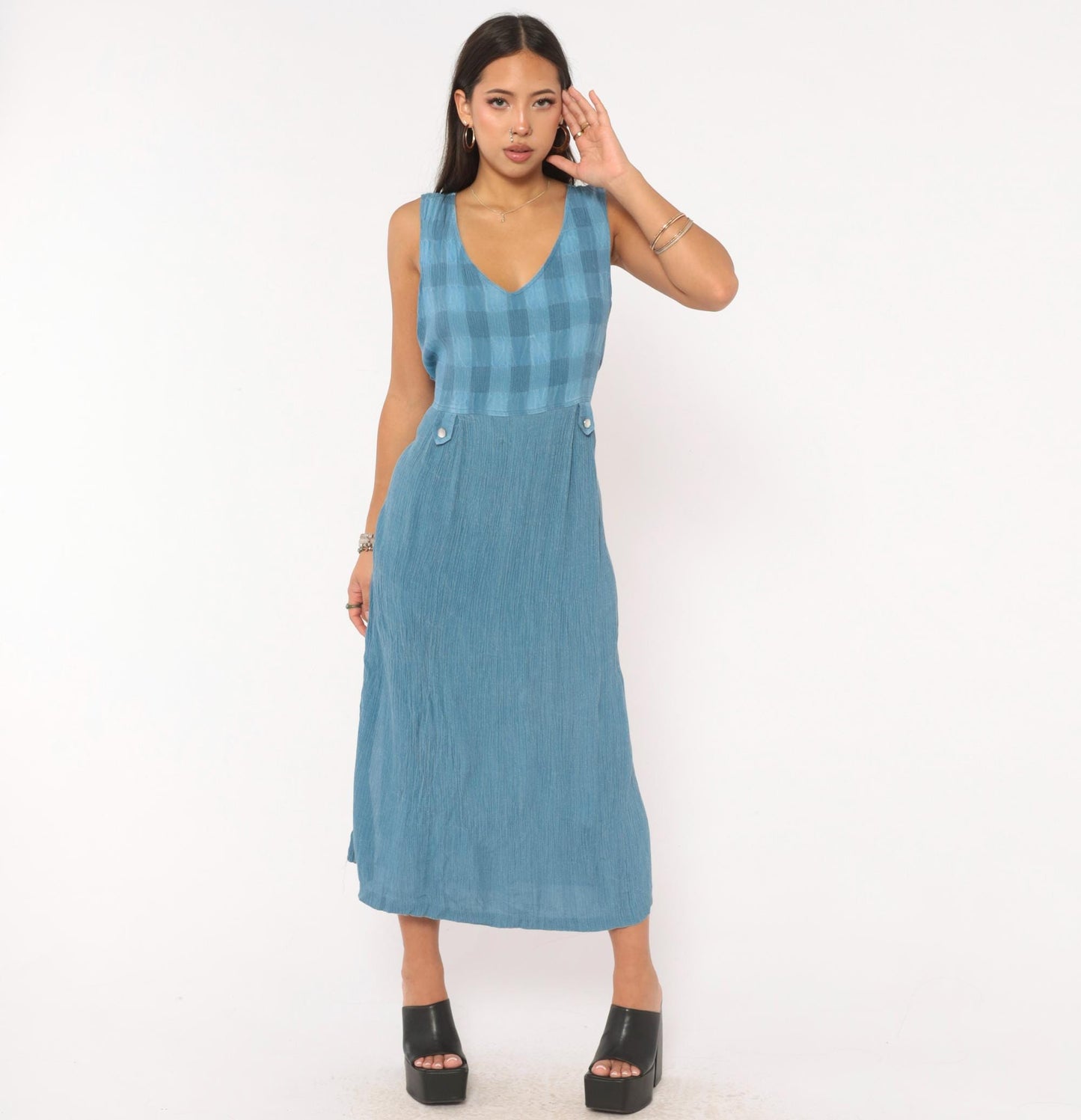 90s Whirlaway Frocks Blue Gingham Midi Dress Tie Back V Neck Large L