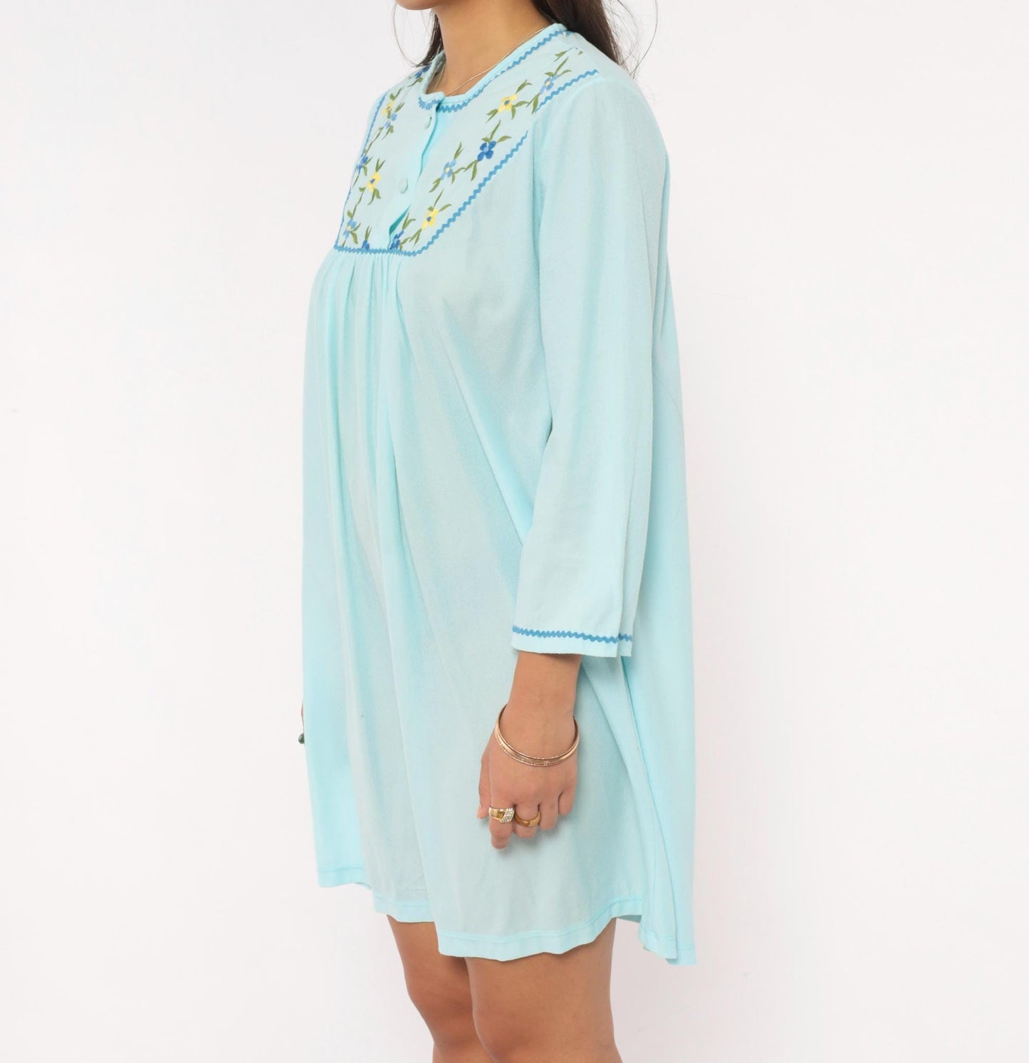 80s Sears Embroidered Floral Nightgown Baby Blue Button Front Mini Small