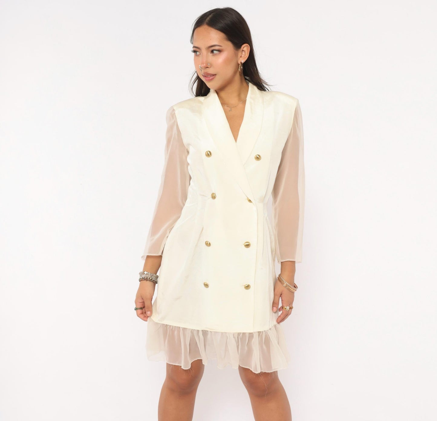 90s Cream Double Breasted Blazer Dress Gold Buttons Sheer Organza Mini Large L