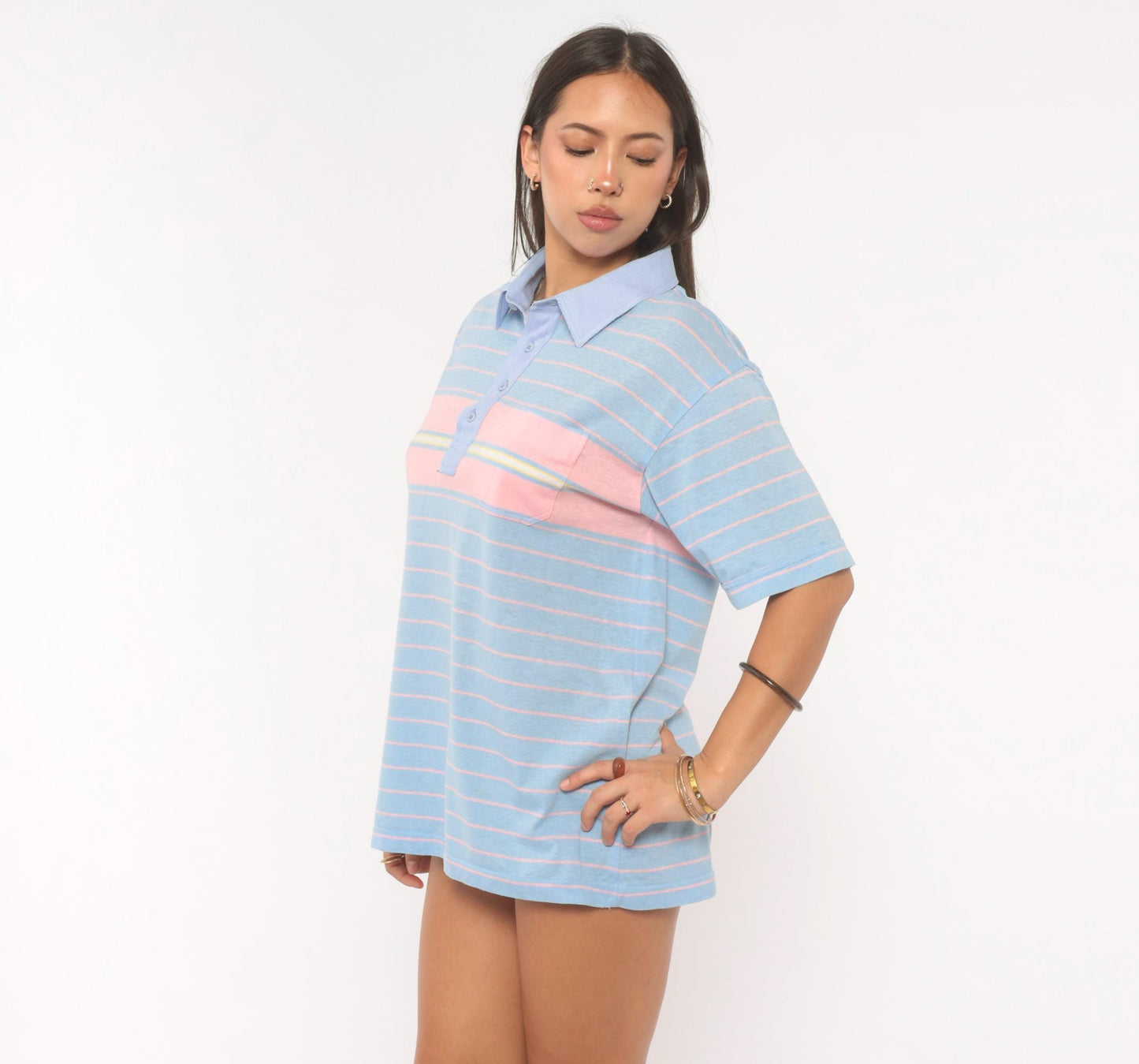 80s Par Four Striped Polo Shirt Blue Pink Chest Pocket Medium