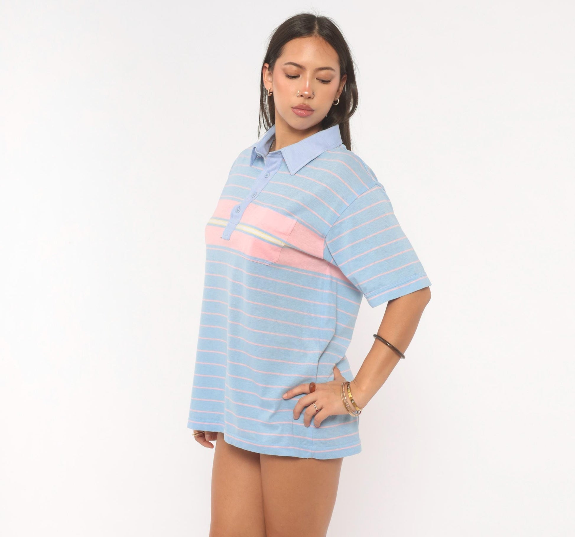 80s Par Four Striped Polo Shirt Blue Pink Chest Pocket Medium