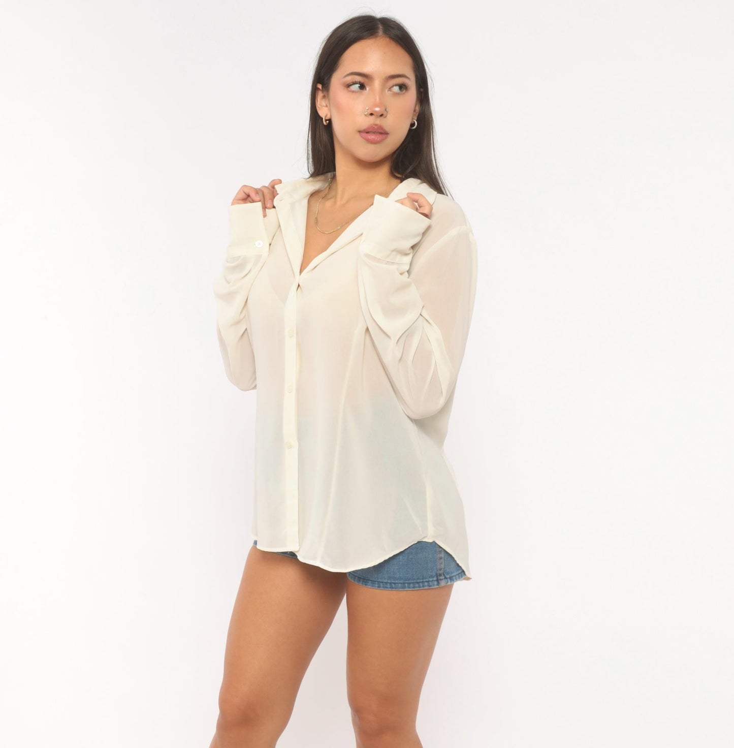 Y2K NY&Co Sheer Cream Button-Front Blouse Pointed Collar Long Sleeve Extra Large XL
