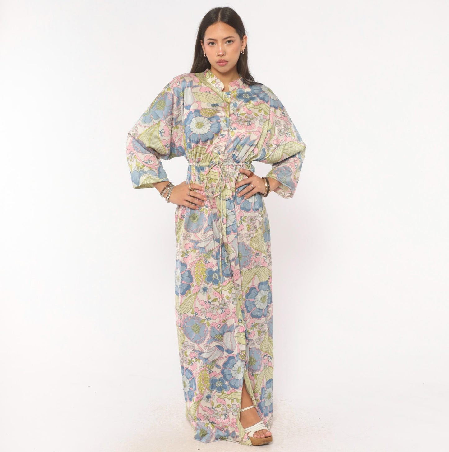 70s Vanity Fair Psychedelic Floral Maxi Dress Nylon Kimono Sleeve Medium