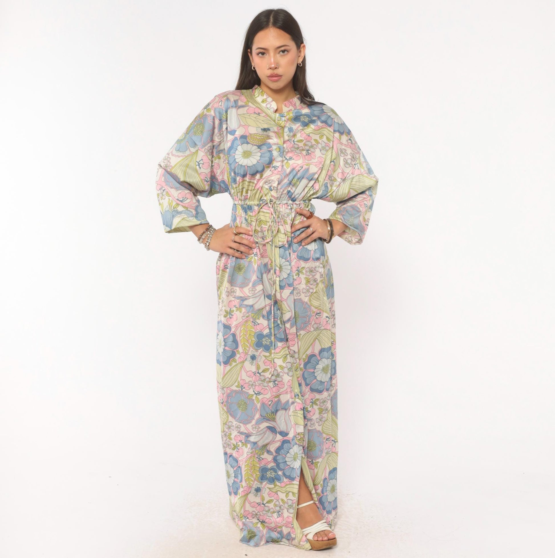 70s Vanity Fair Psychedelic Floral Maxi Dress Nylon Kimono Sleeve Medium