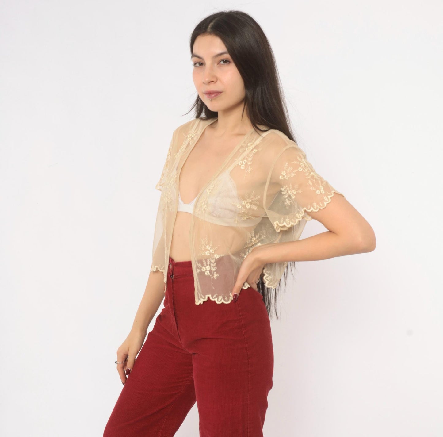 90s Newport News Embroidered Mesh Blouse Cream Floral V-Neck Small