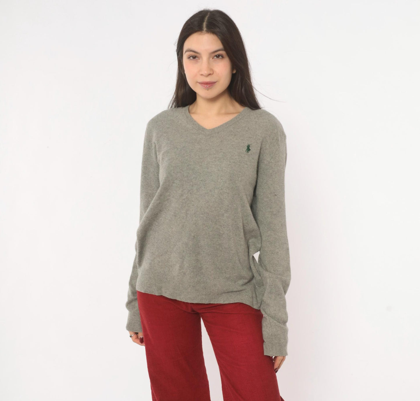 Y2K Ralph Lauren Grey Merino Wool V-Neck Sweater Distressed Large L