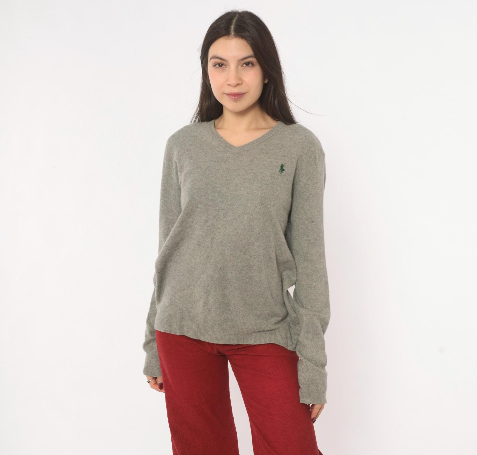 Y2K Ralph Lauren Grey Merino Wool V-Neck Sweater Distressed Large L