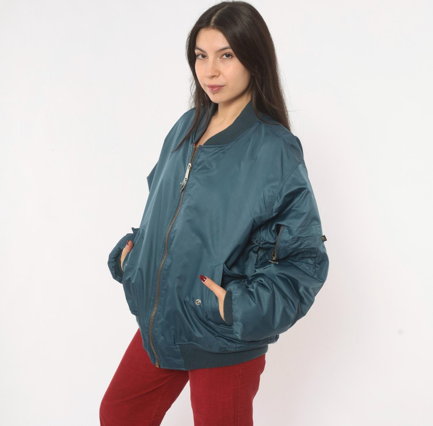 90s Rothco MA-1 Bomber Jacket Slate Blue Reversible Orange Flight Coat Large L