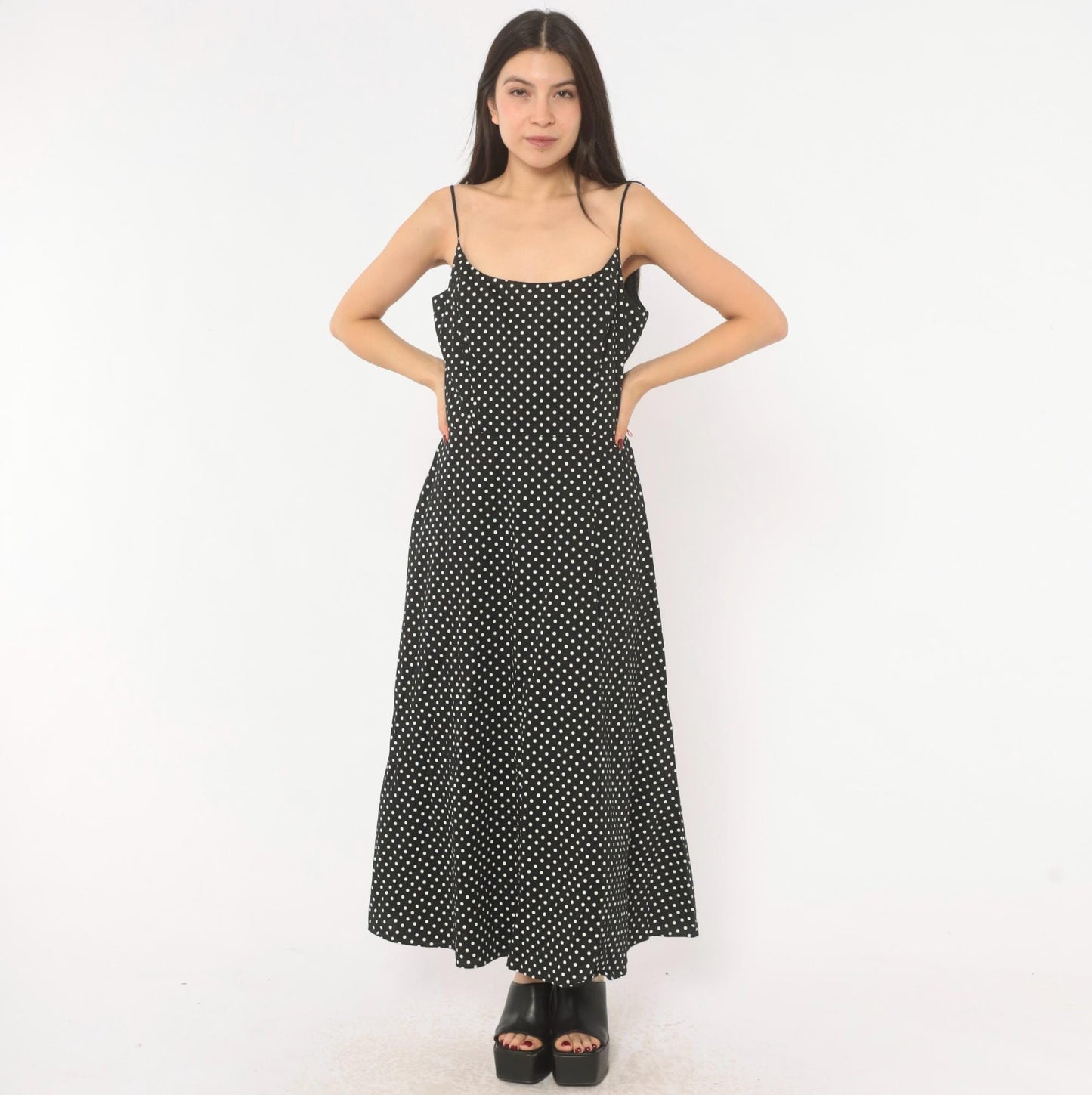 90s Jessica Howard Black White Polka Dot Cotton Maxi Slip Dress Medium M