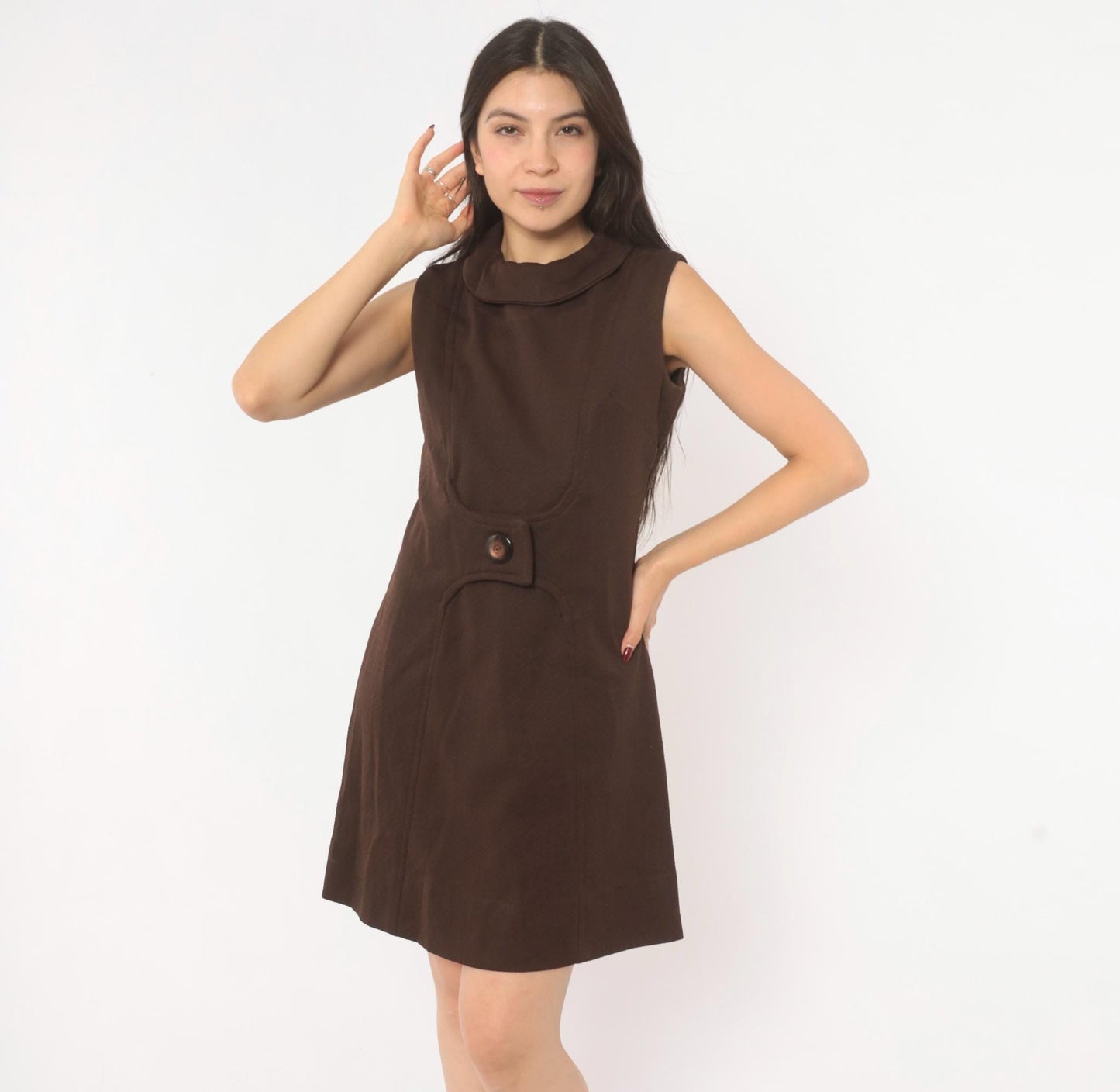 60s Mod Shift Dress Chocolate Brown Sleeveless A-Line Mini Small