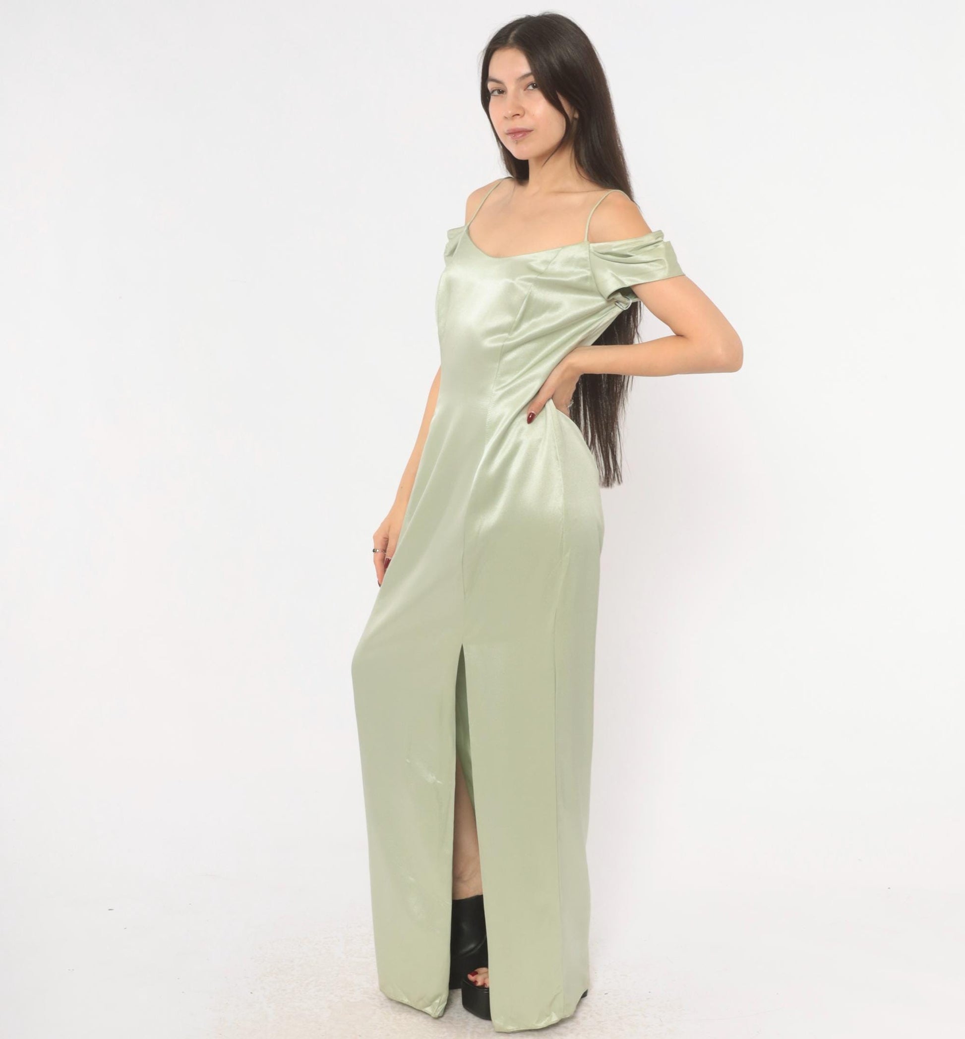 90s Bill Levkoff Sage Green Cold Shoulder Maxi Gown Medium M