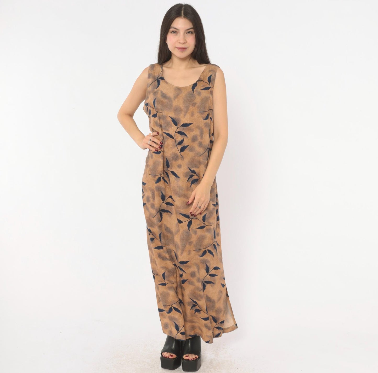 90s Miss Dorby Leaf Print Maxi Dress Tan Navy Sleeveless Medium M