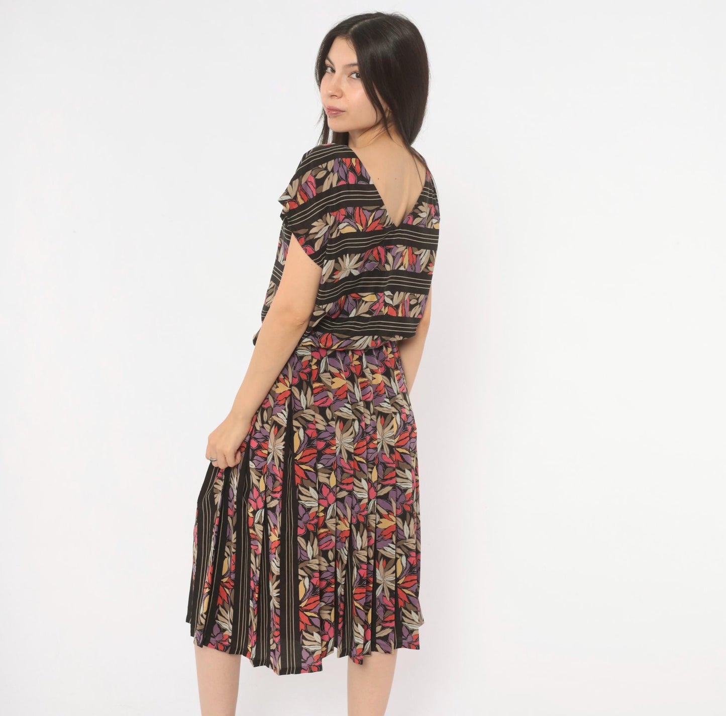 80s Secrets Botanical Leaf Print Midi Dress Black Cap Sleeve Drop Waist Small