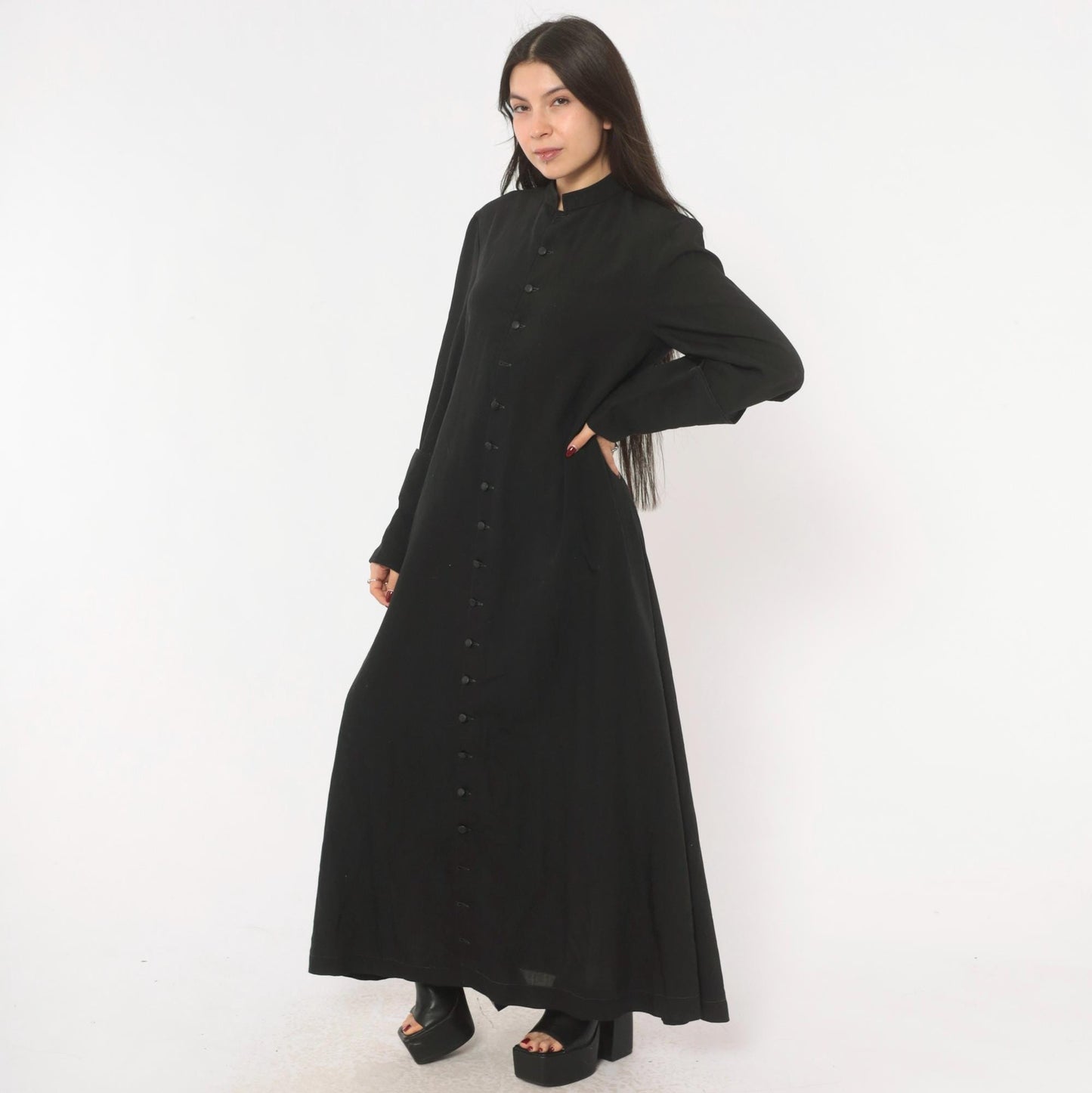 90s Black Maxi Dress Mandarin Collar Button Front Long Sleeve Medium