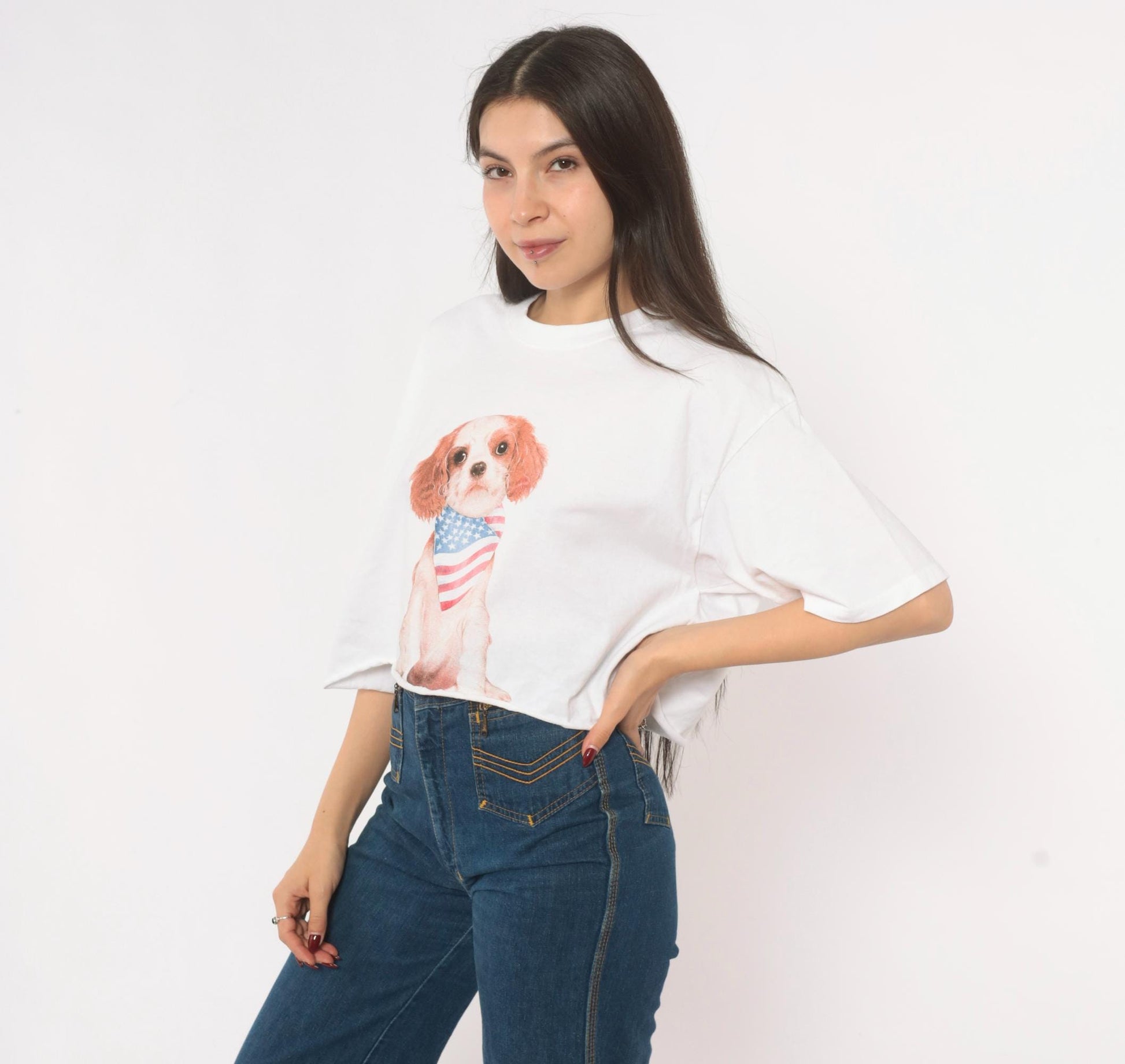 90s Yazbek Puppy Dog American Flag Bandana Graphic Crop Tee White Cotton Medium