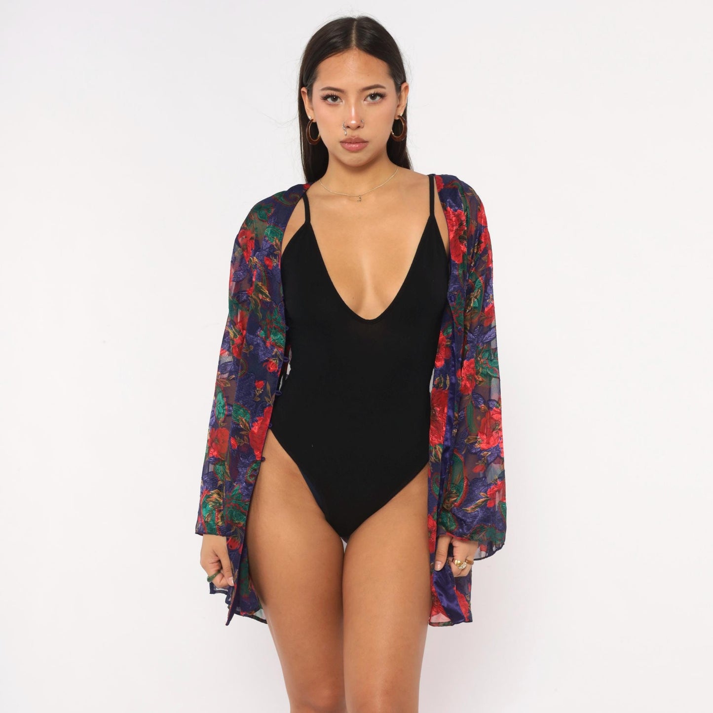 90s Victoria's Secret Sheer Robe Navy Red Floral Bell Sleeve Button Front Medium