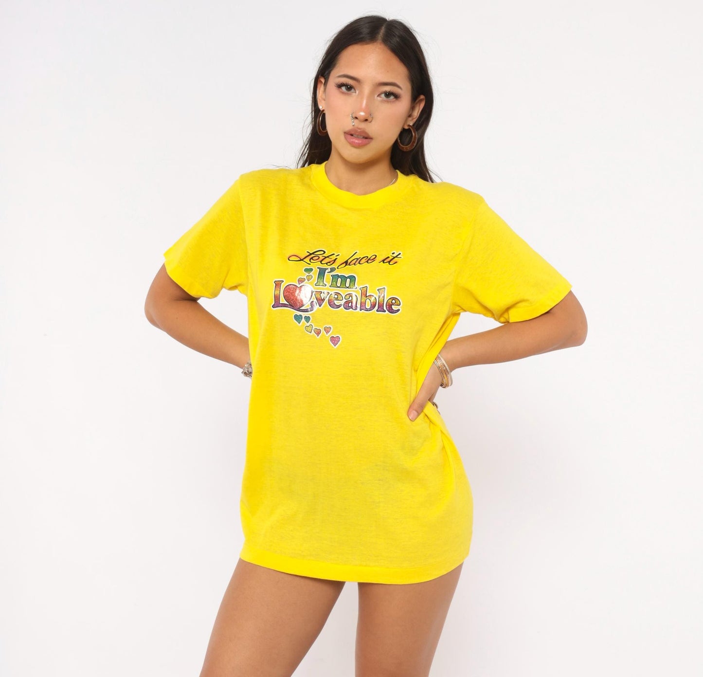 80s Ched "Let's Face It I'm Loveable" Heart Glitter Tee Yellow Graphic Slogan Large L