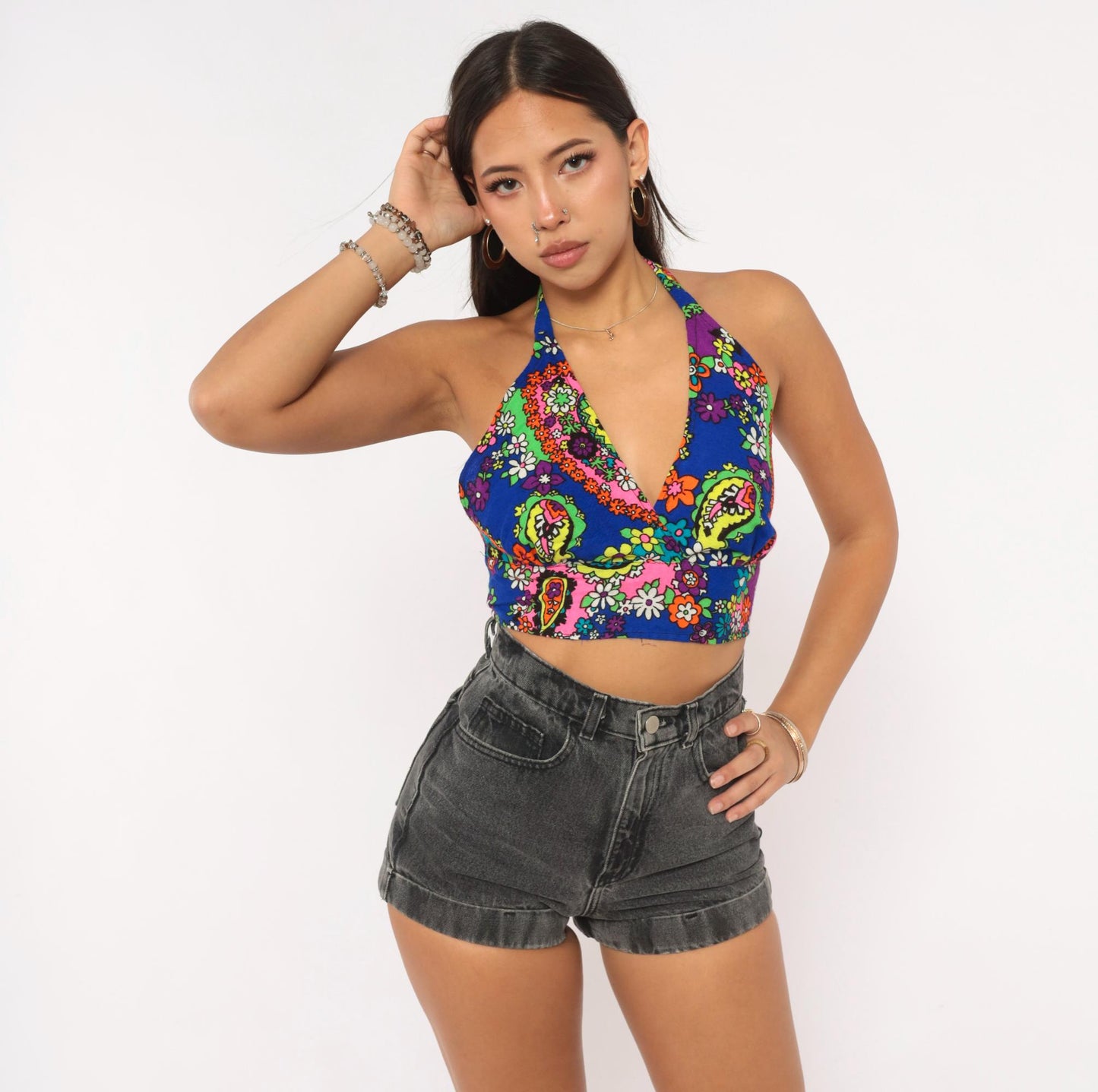 70s Psychedelic Floral Halter Crop Top Tie Back Backless Medium