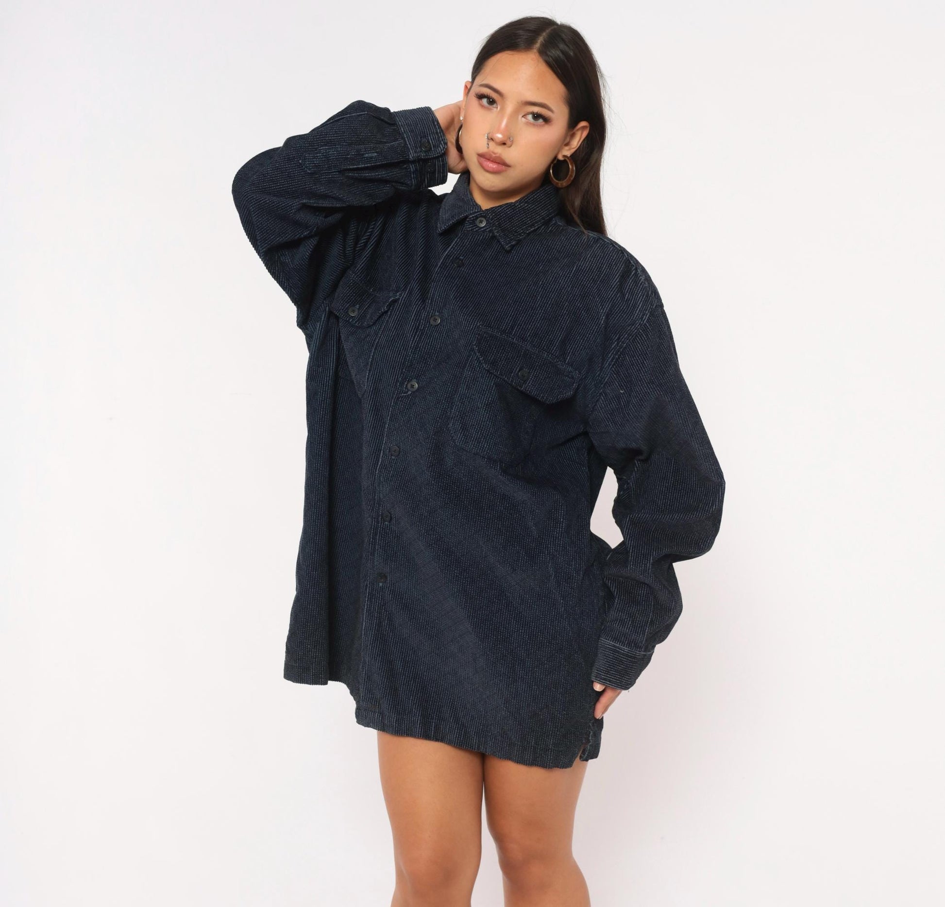 90s World Island Navy Corduroy Button-Up Shirt Cotton Large L