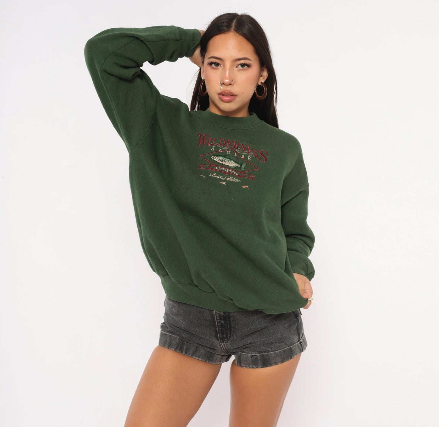 90s Tultex Wilderness Angler Embroidered Fish Sweatshirt Olive Green Large L