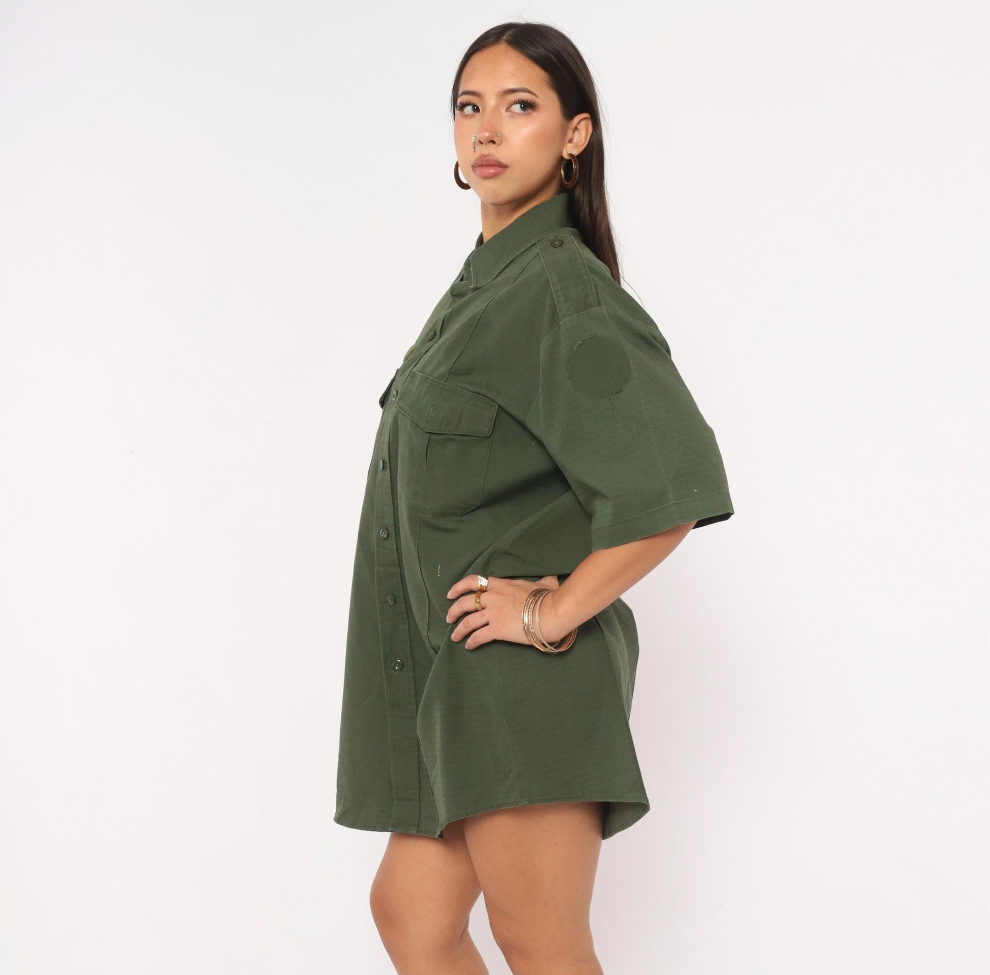 90s Camco Military Shirt Olive Green Button-Up Utility Epaulette Extra Large