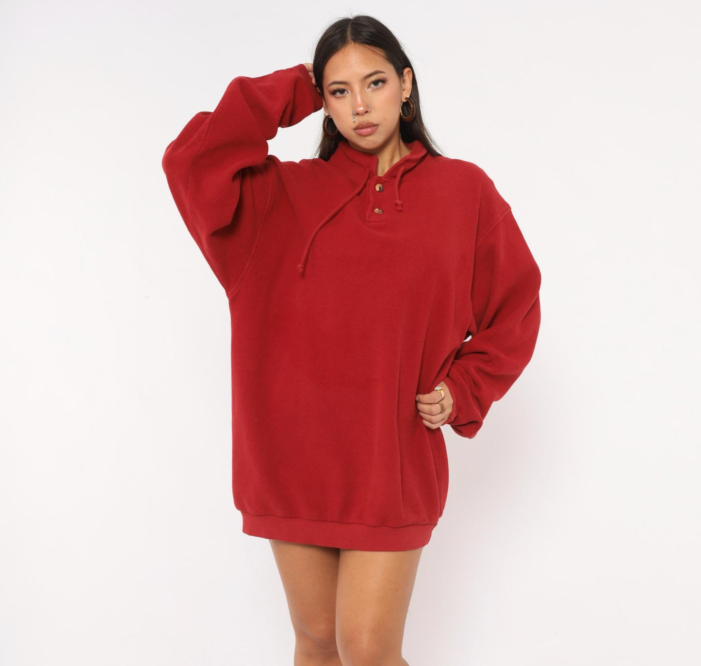 90s Crazy Shirt Cranberry Henley Sweatshirt Cotton Mock Neck Drawstring Large L