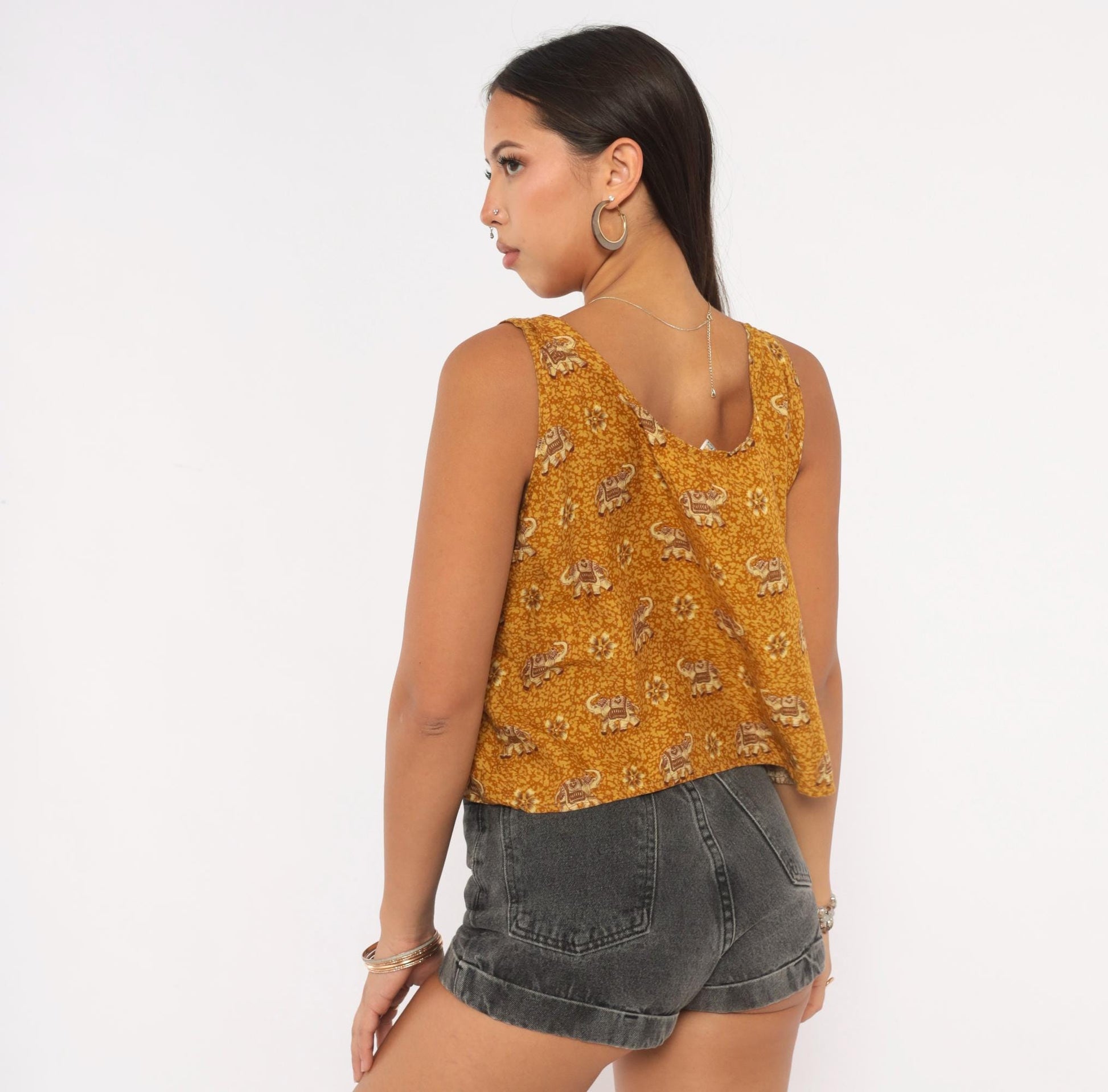 Y2K Dream Island Elephant Print Tank Top Mustard Gold Large L