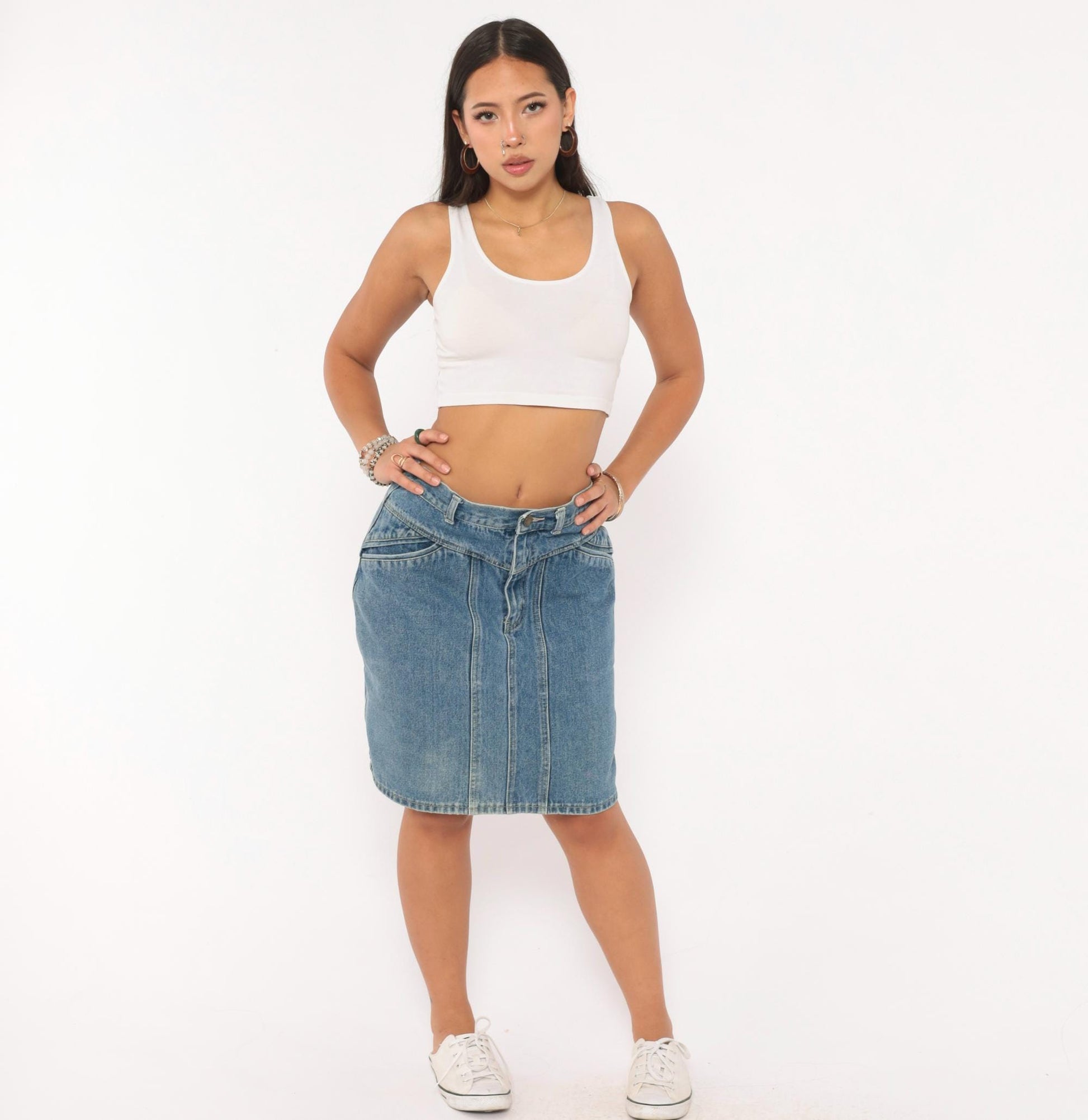90s Stefano Denim Pencil Skirt High Waist Paneled Seam Blue Cotton Medium M