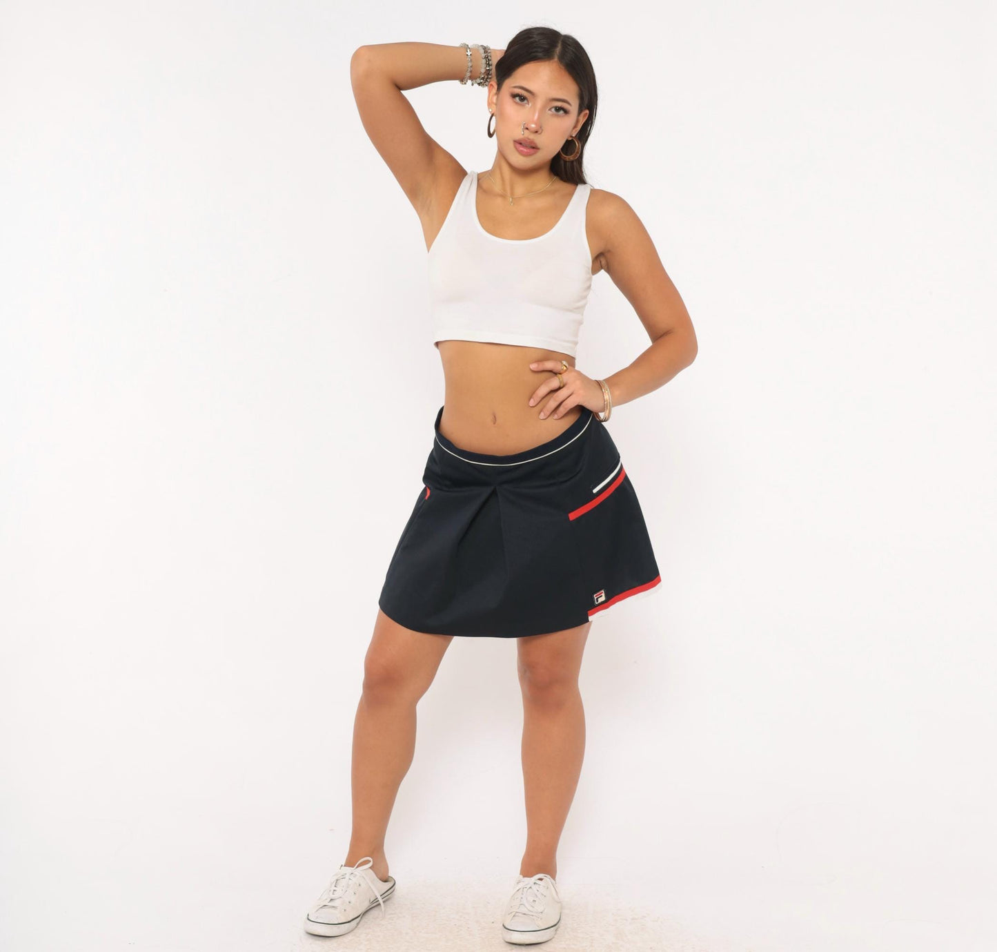 90s Fila Tennis Skirt Navy Pleated Mini Red White Stripe Trim Large L