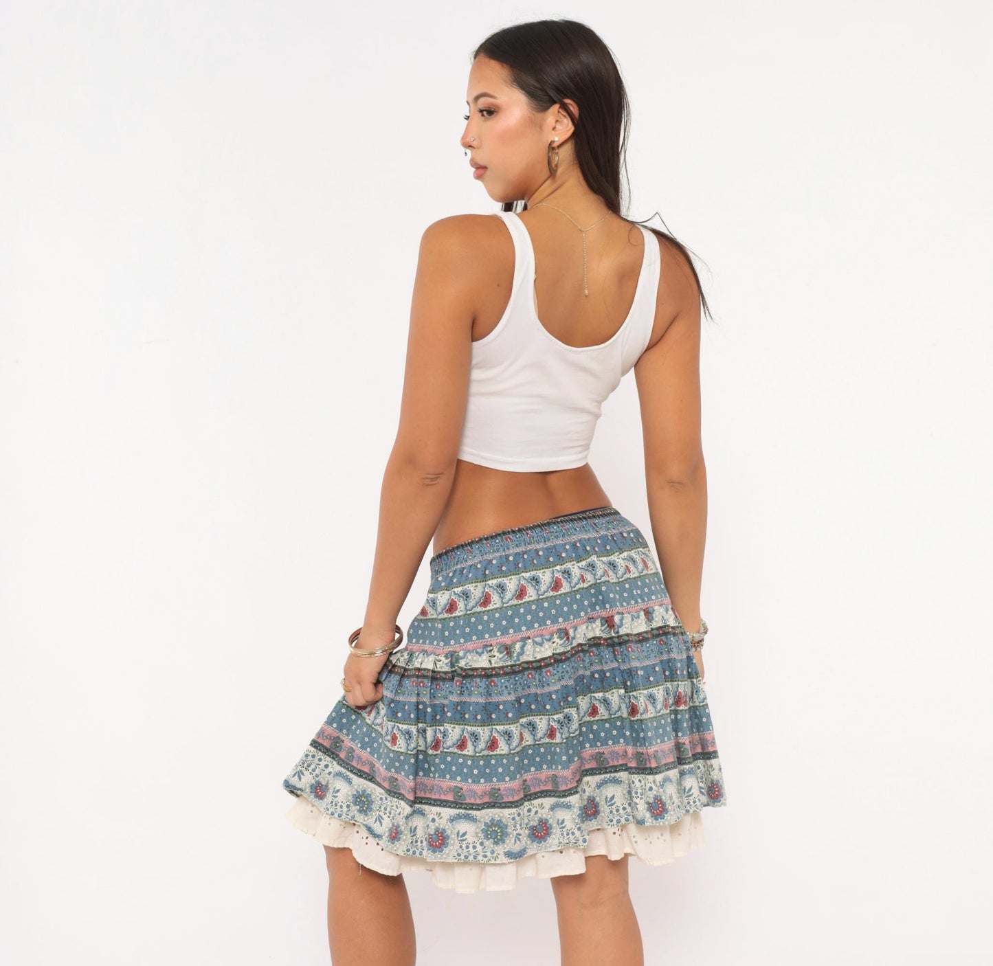 90s New Girls' Generation Tiered Prairie Skirt Blue Burgundy Floral Large L