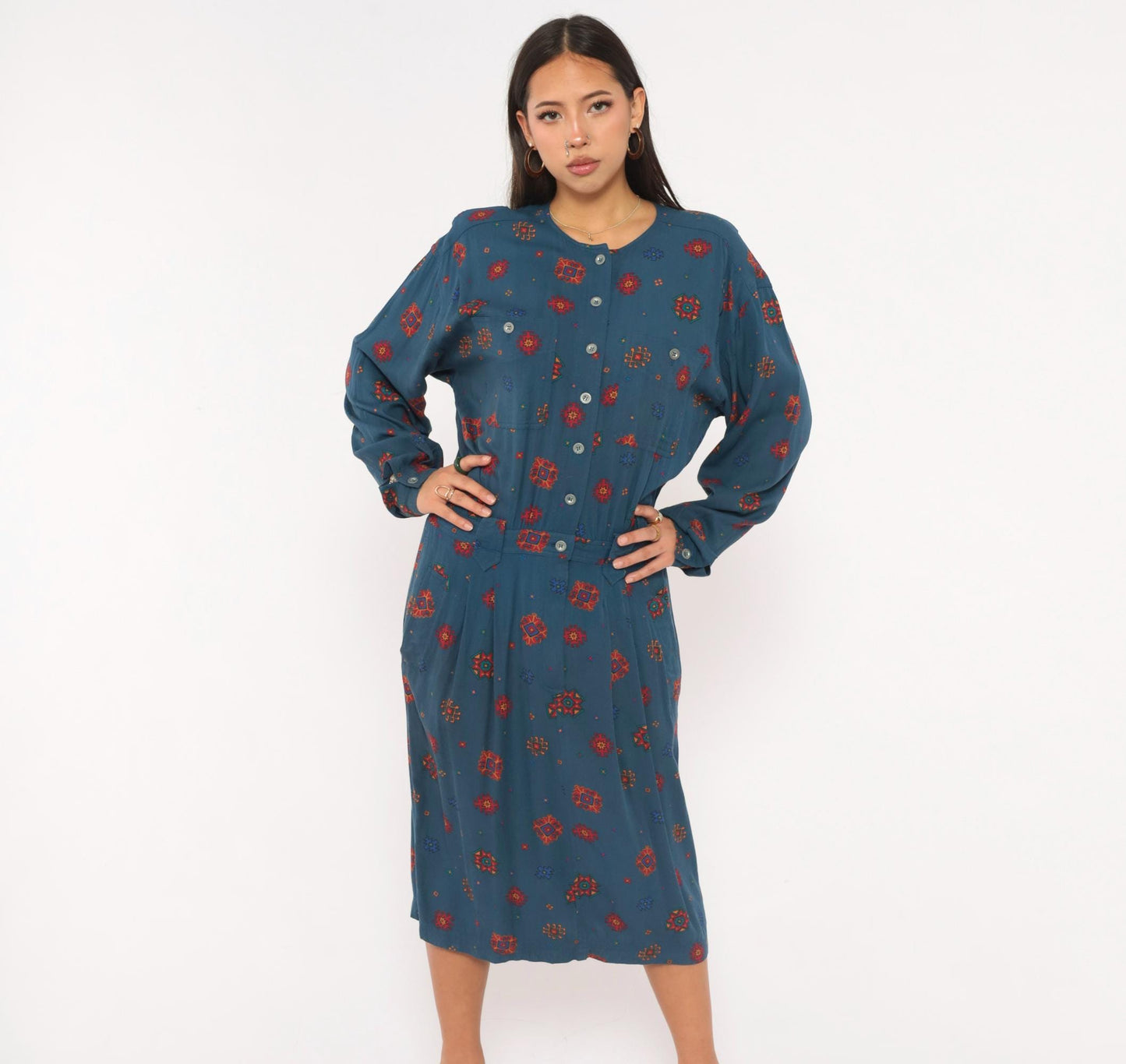 90s Liz Claiborne Geometric Folk Midi Dress Navy Button Front Extra Large XL