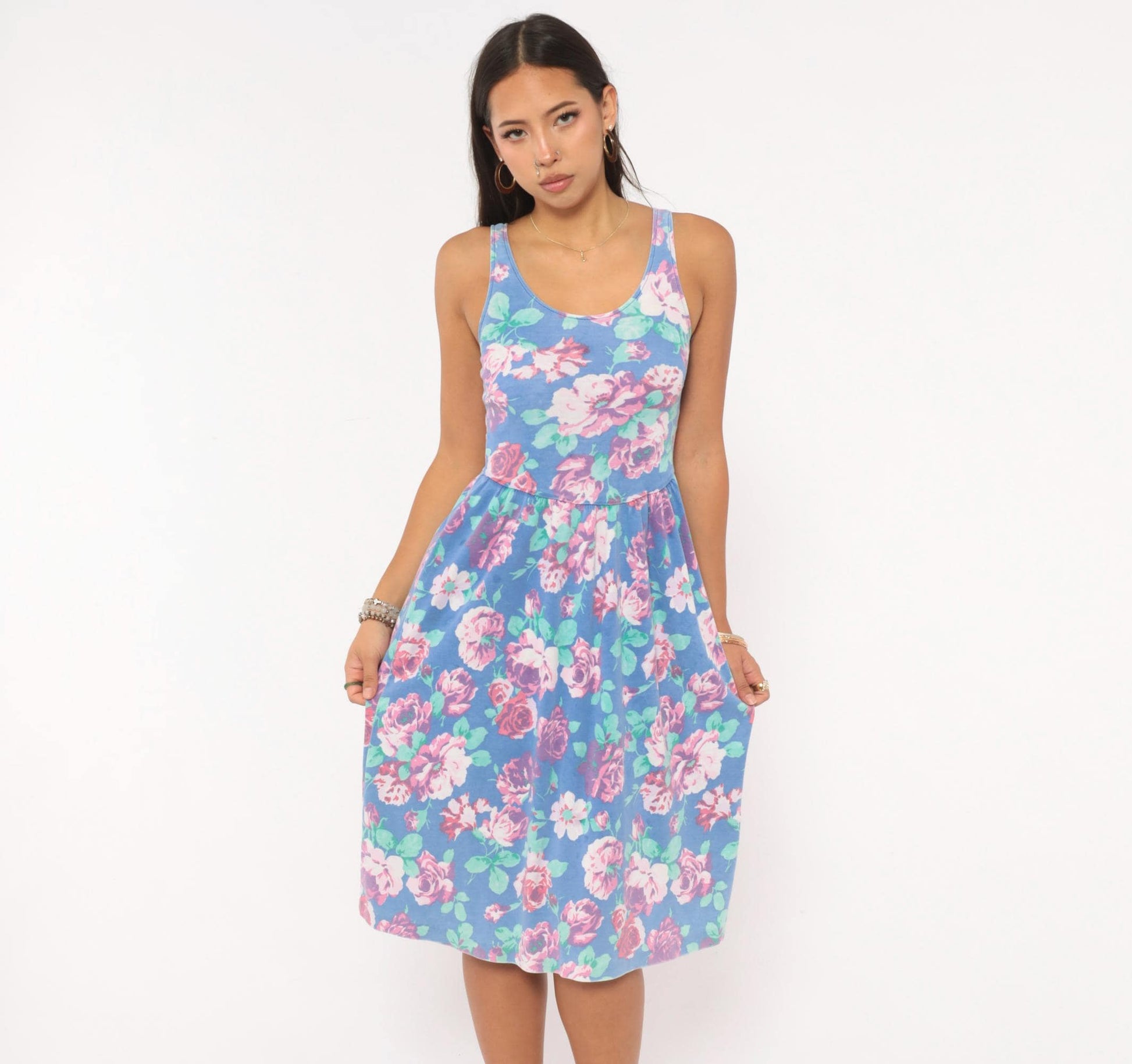 80s Periwinkle Floral Sundress Rose Print Gathered Skirt Knee Length XS