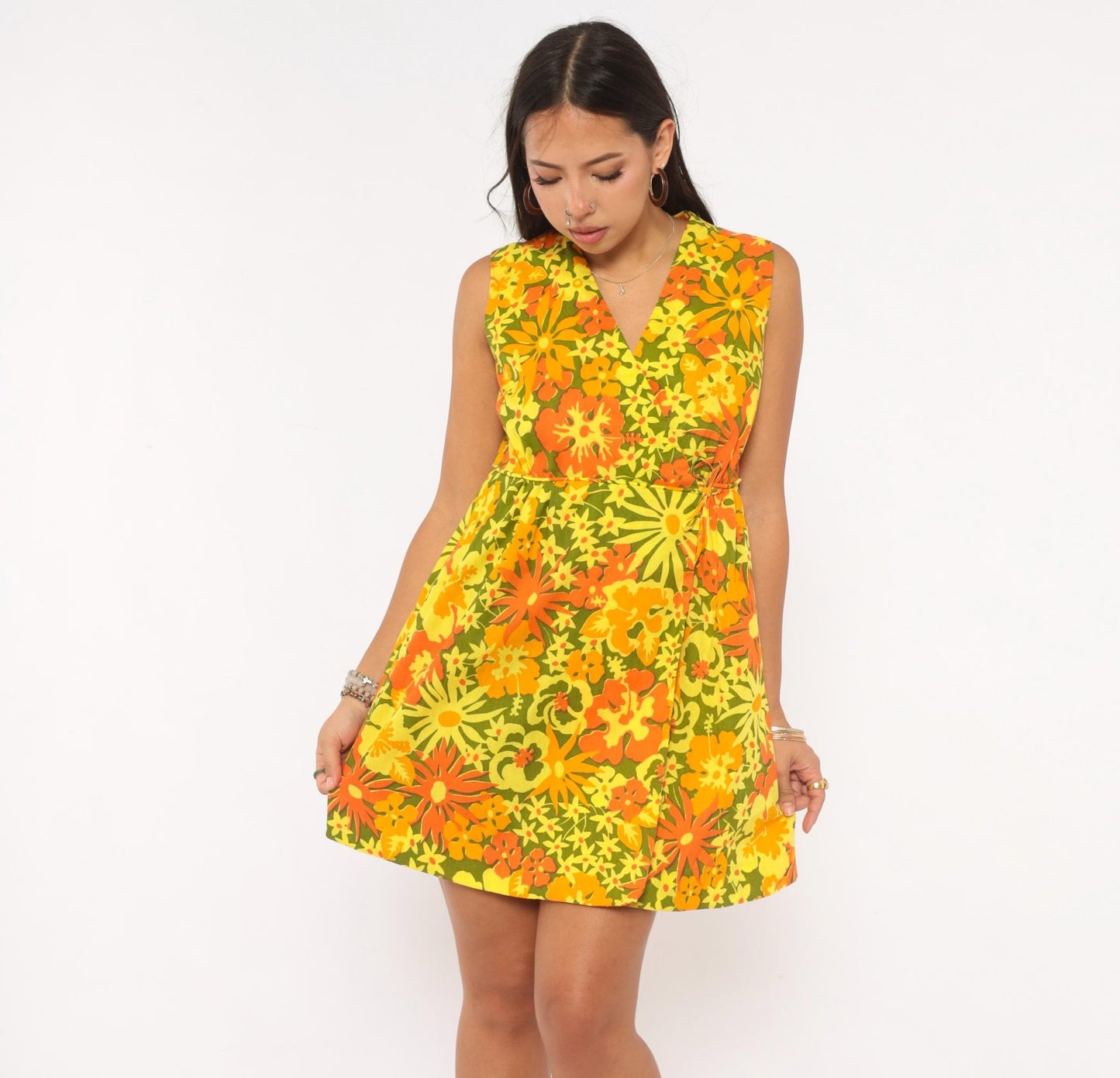 70s Ruth Clarage Psychedelic Floral Wrap Dress Mini Yellow Orange Small
