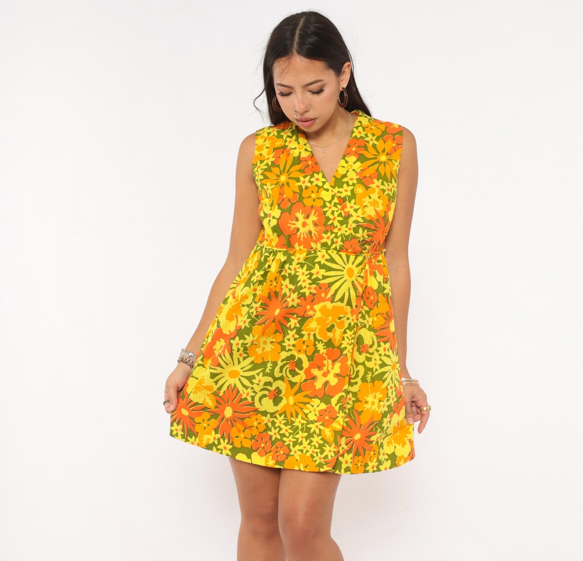 70s Ruth Clarage Psychedelic Floral Wrap Dress Mini Yellow Orange Small