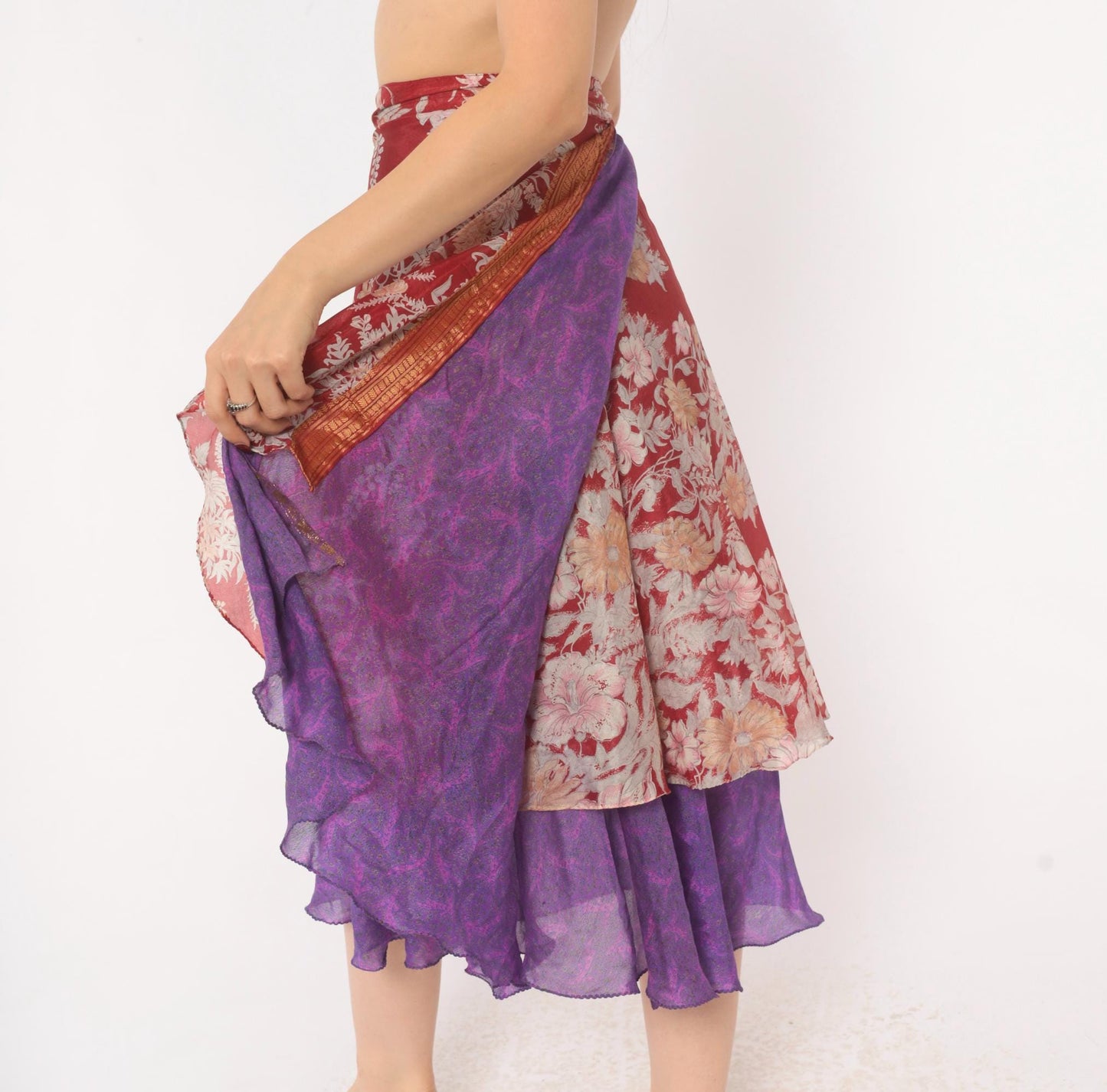 Y2K Kariza Silk Wrap Skirt Burgundy Floral Purple Double Layer Small Medium