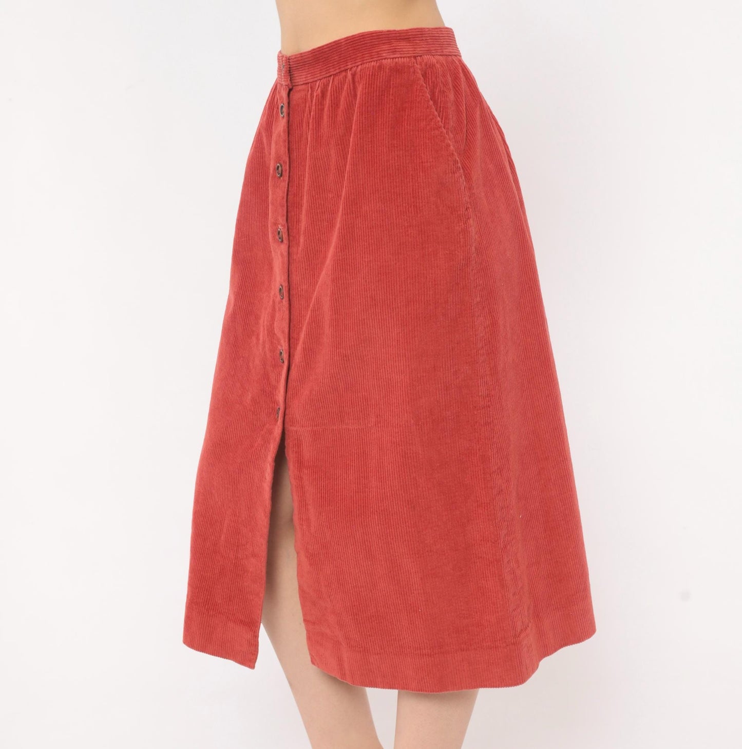 80s The Lilly Corduroy Midi Skirt Button Front A-Line Rust Small S