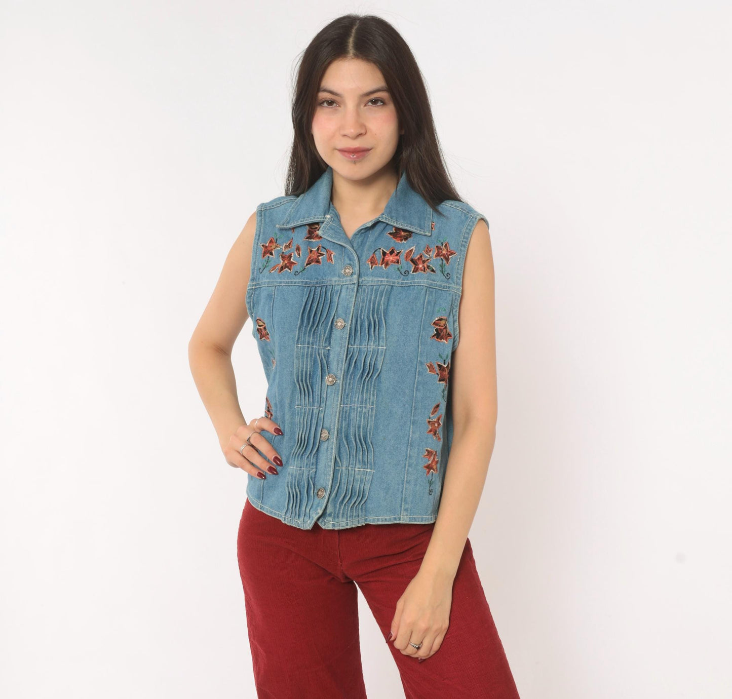 90s Spell Bound Leaf Embroidered Denim Vest Blue Chambray Pintuck Medium M