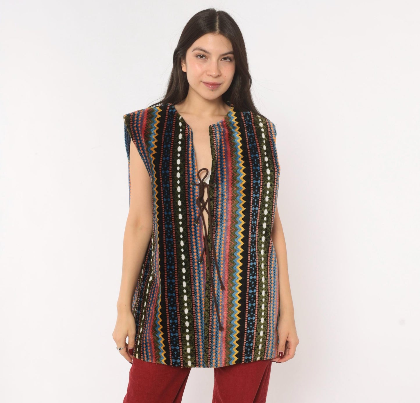 70s Chenille Tapestry Vest Multicolor Zigzag Stripe Lace-Up Tunic Large L
