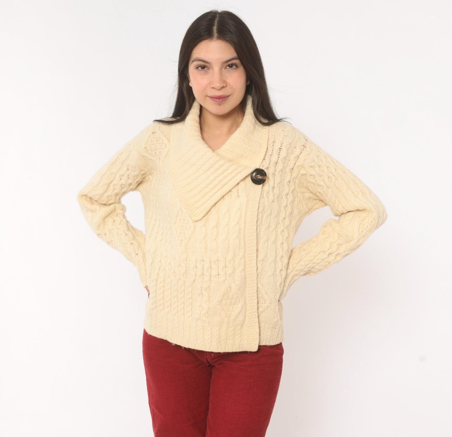 80s Arancrafts Aran Cable Knit Cardigan Cream Wool Shawl Collar Small S