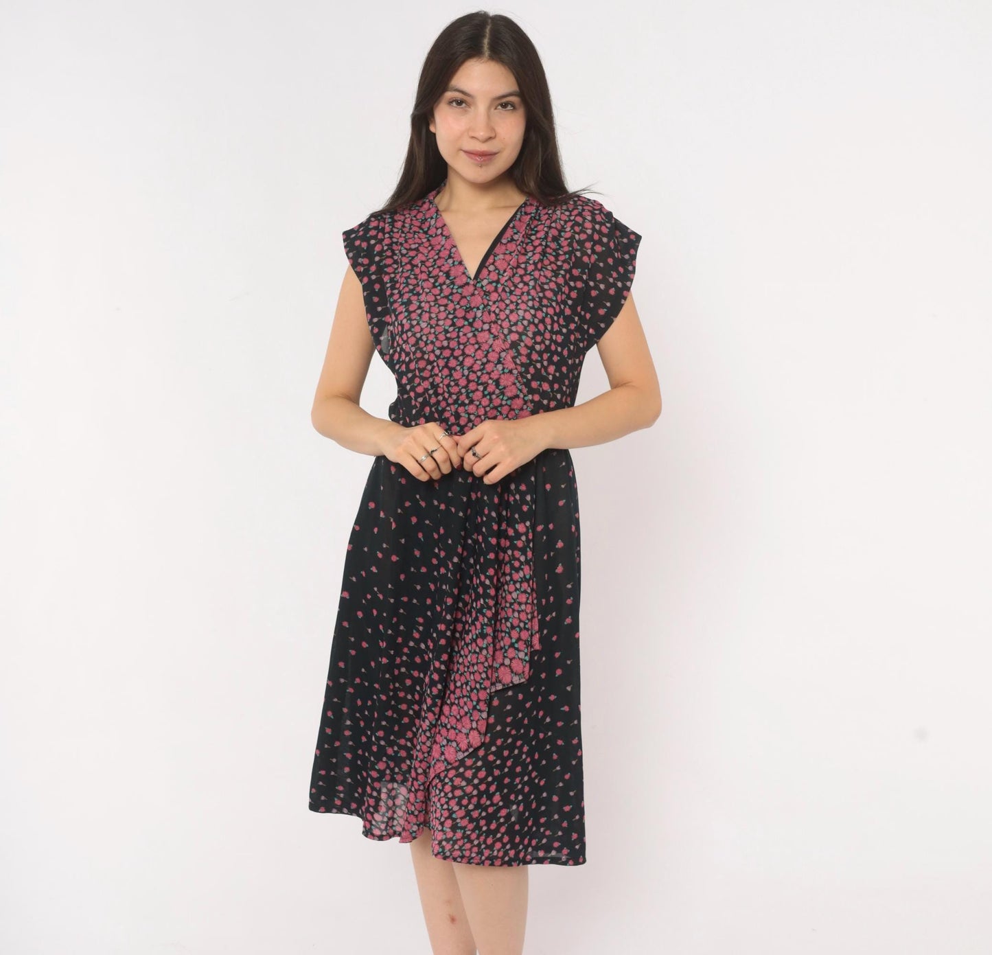 70s JT Jody of California Floral Wrap Dress Black Pink Gradient Knee-Length Medium