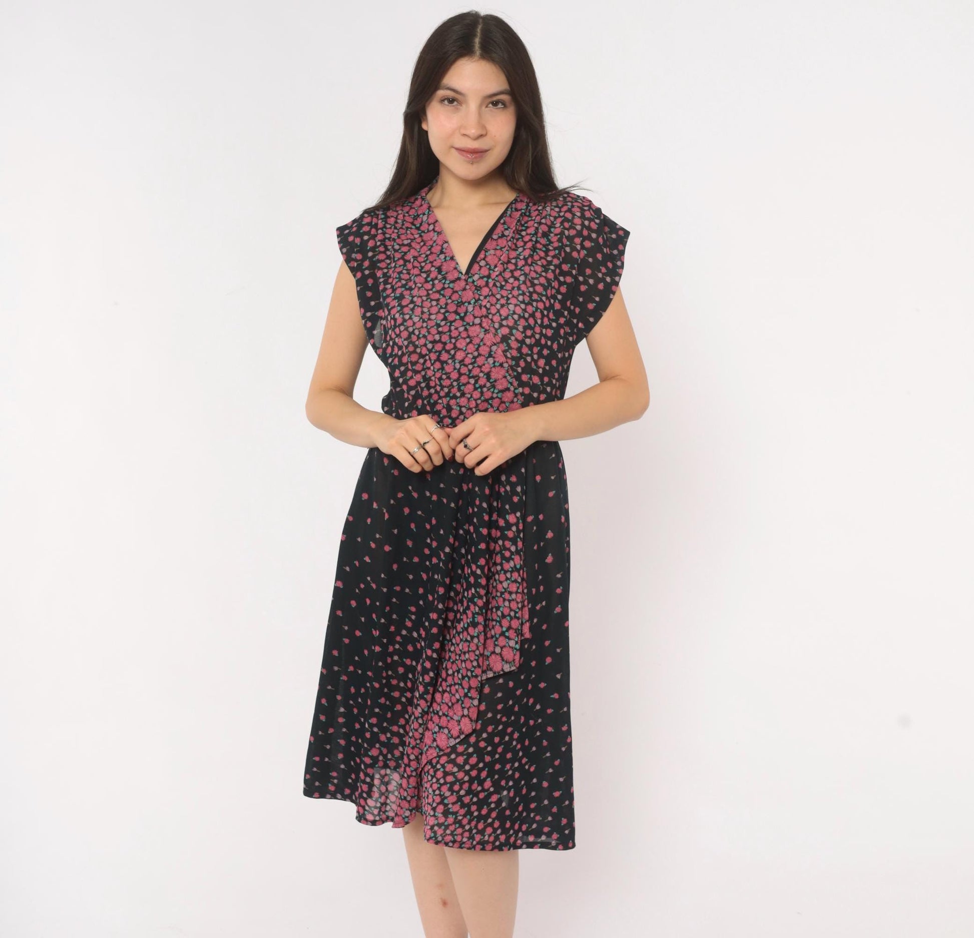 70s JT Jody of California Floral Wrap Dress Black Pink Gradient Knee-Length Medium