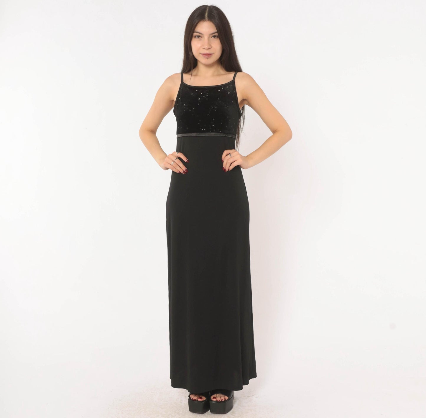2000s I.N. San Francisco Black Velvet Maxi Dress Empire Waist Spaghetti Strap Small